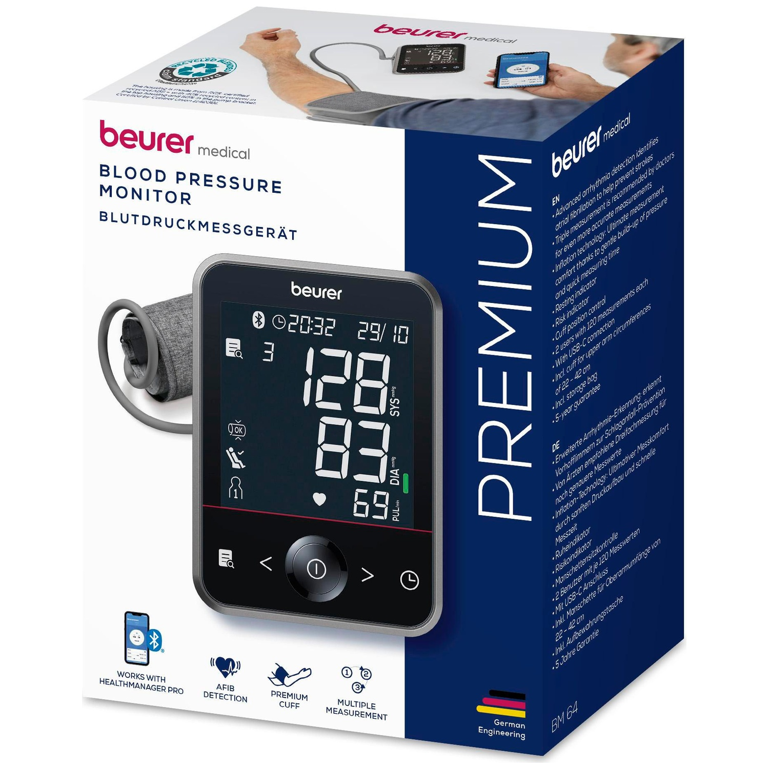 A Beurer blood pressure monitor with cuff and digital display on the packaging.