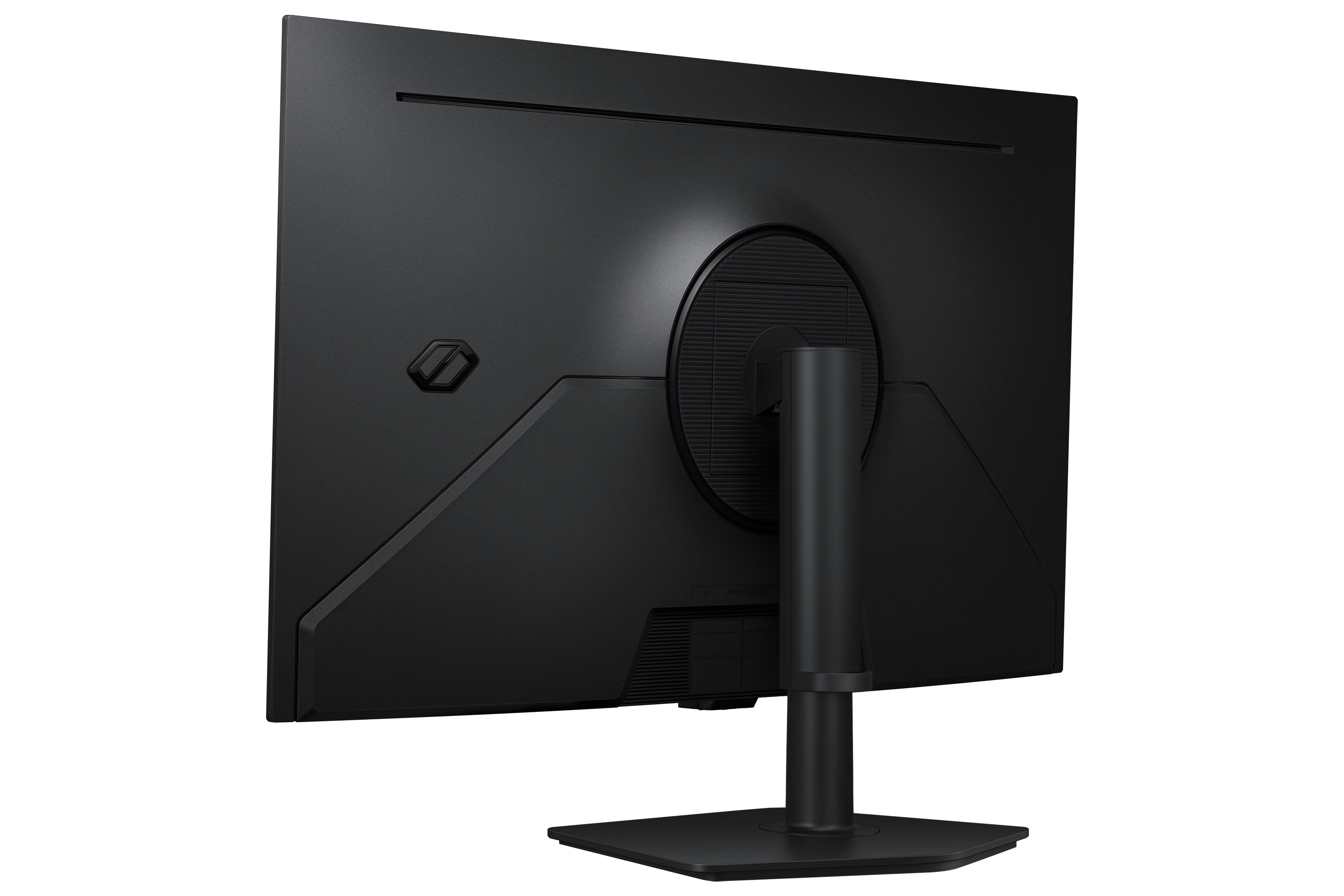 Back view of a black monitor with stand and ventilation slots.