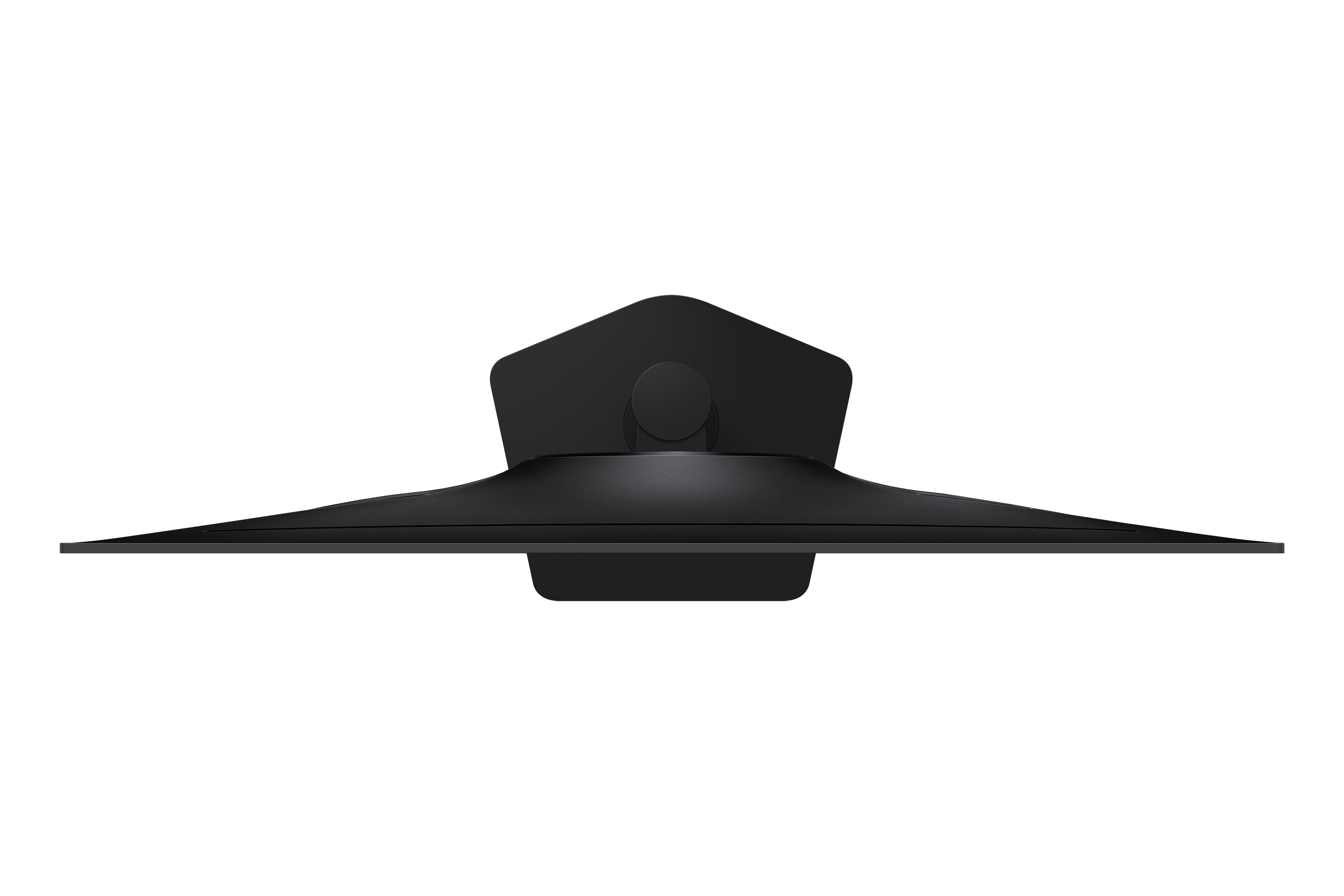 Top view of a sleek, black monitor with a curved screen and a round stand.