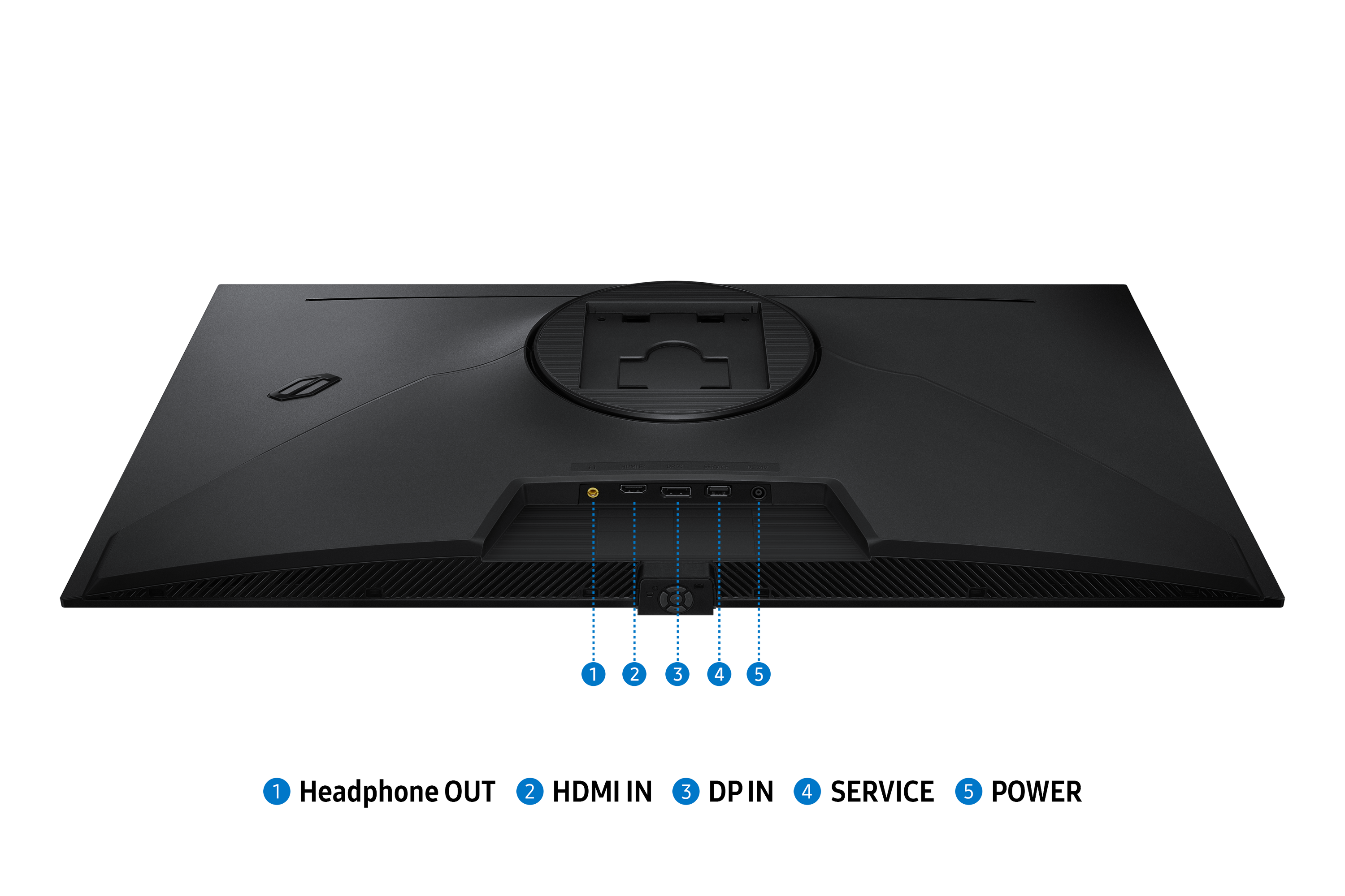 Monitor back panel with ports: headphone, 2x HDMI, DP, Service, Power.