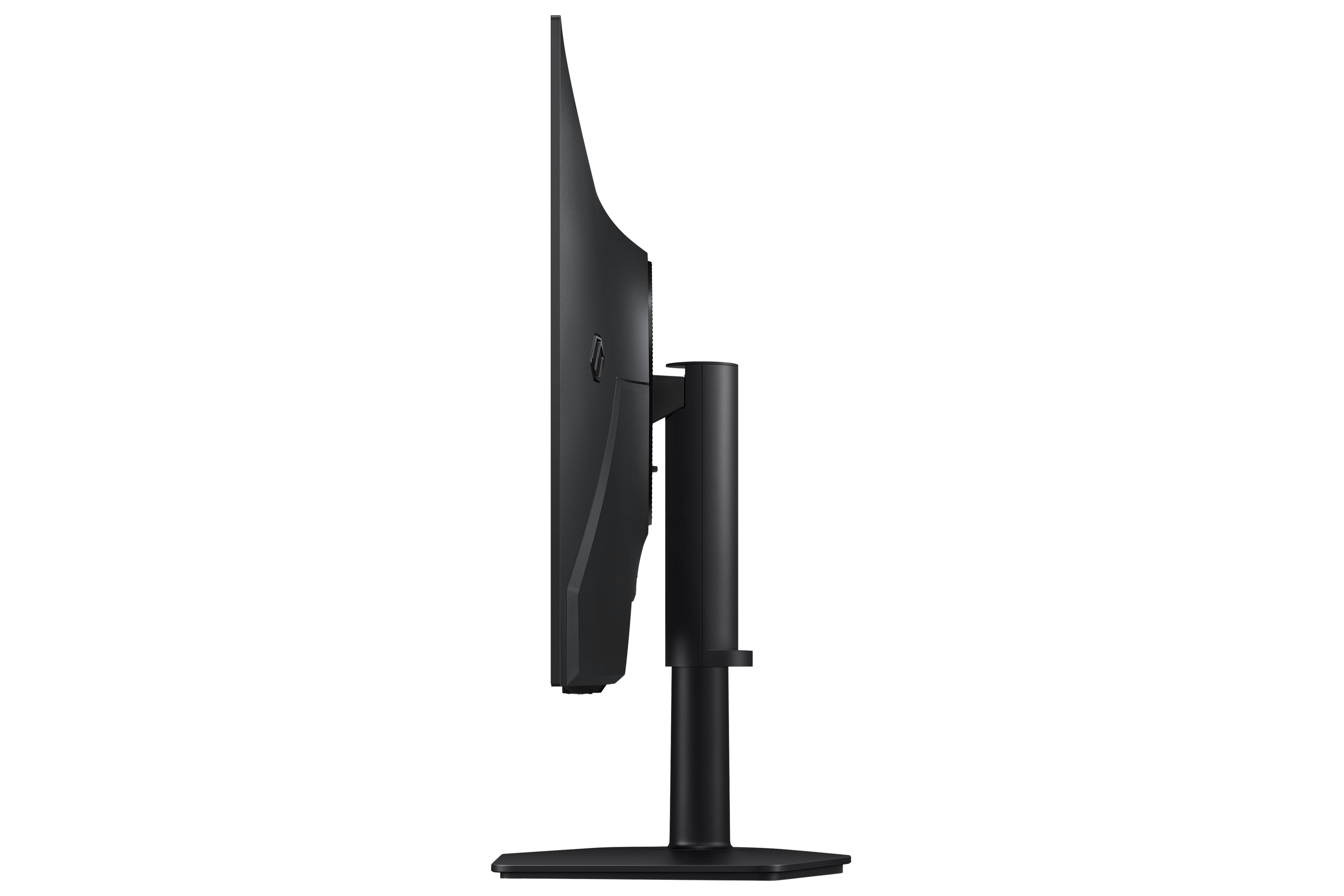Black curved computer monitor in profile on a black background.