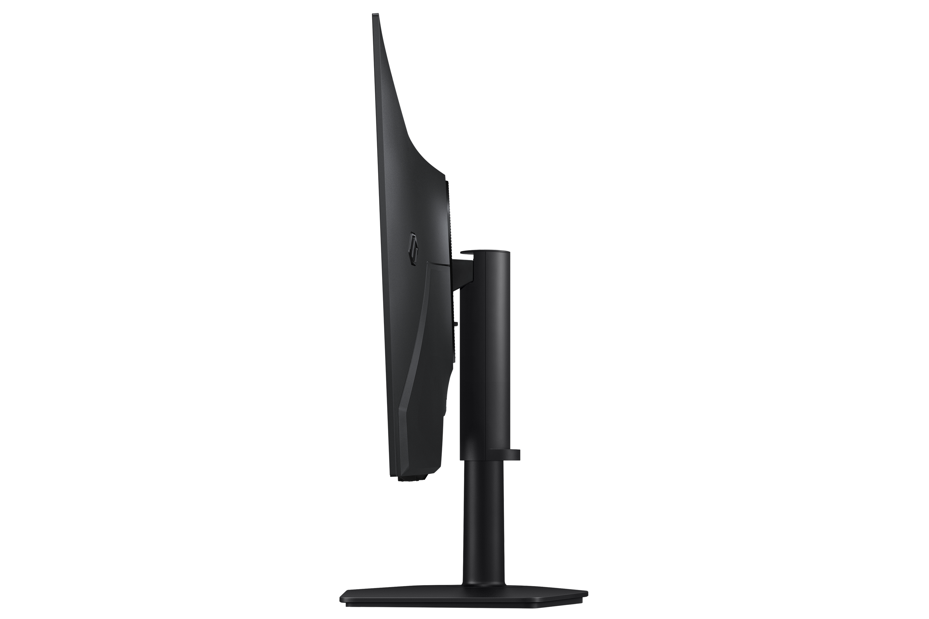 A black, curved computer monitor with a stand, viewed from the side.