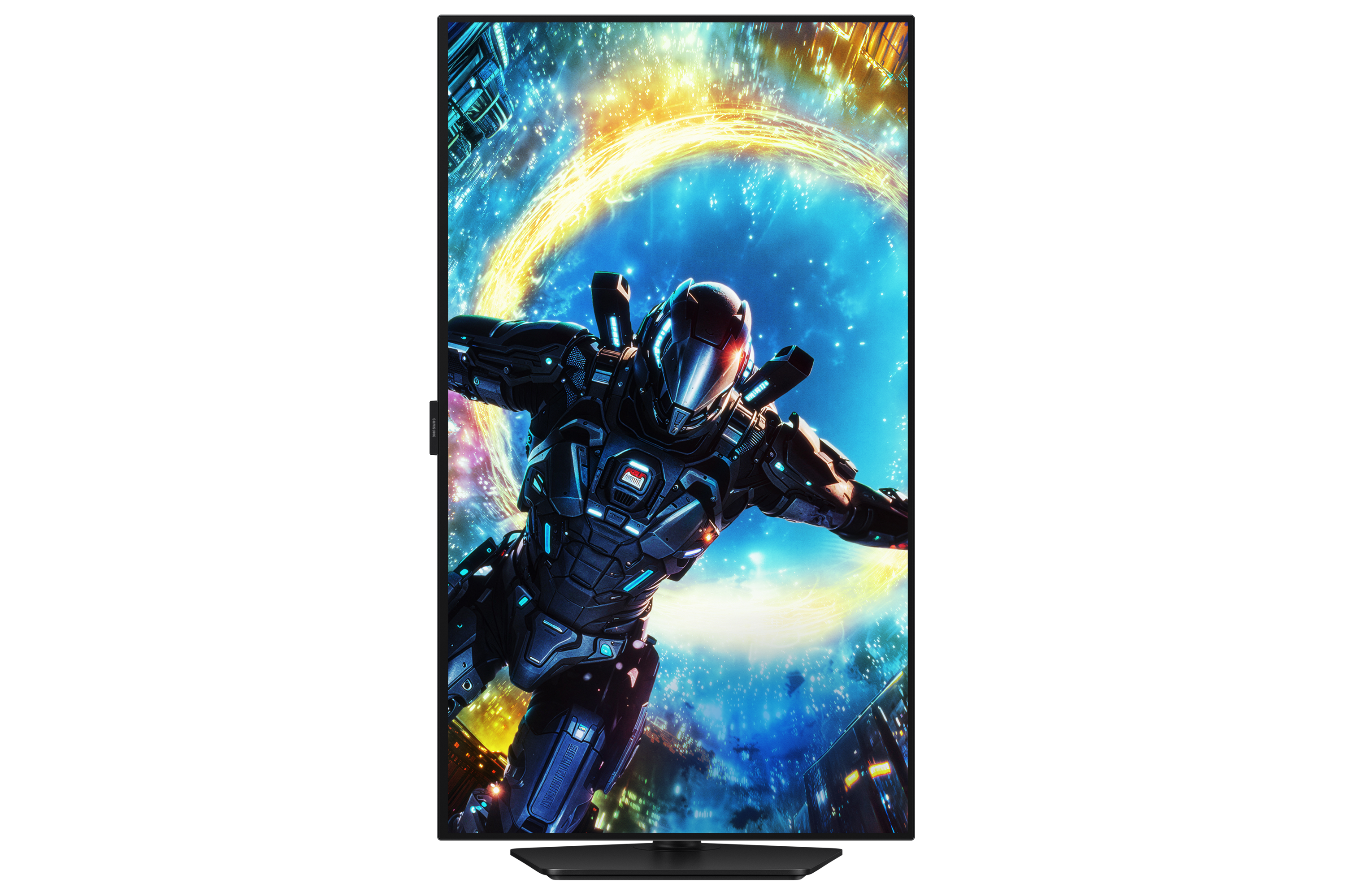 An astronaut in dark armor flies in front of a futuristic cityscape and a glowing ring.