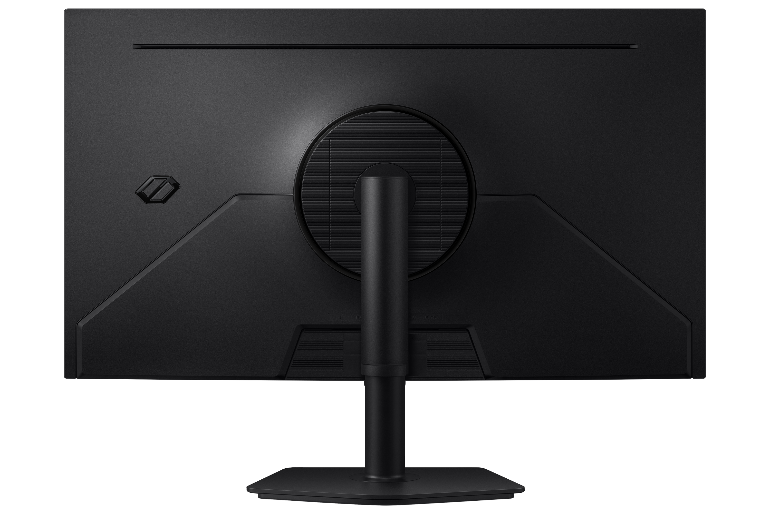 Back view of a black monitor on its stand, featuring ventilation slits.