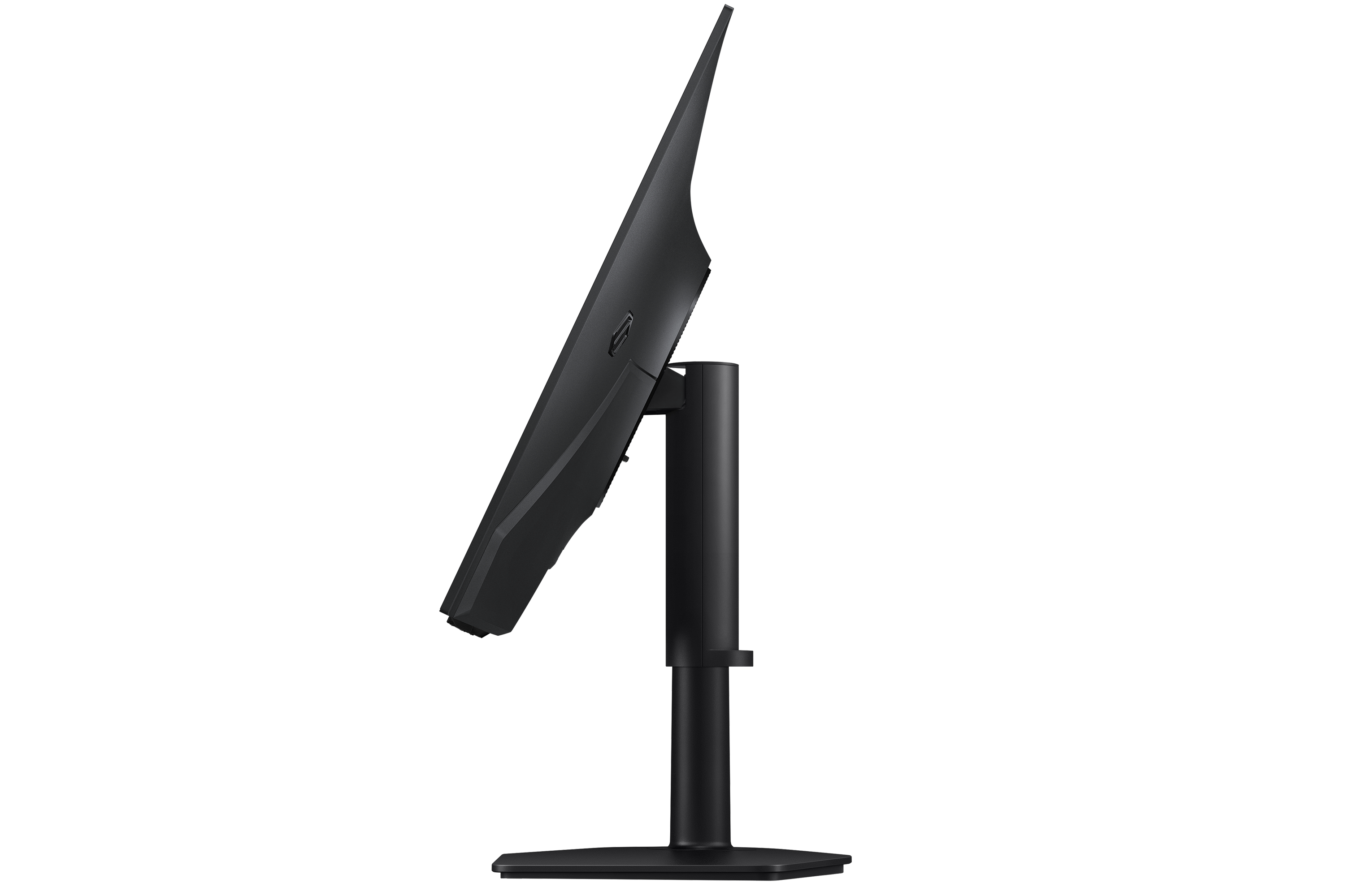 Black monitor in profile on a black background with a sleek stand.