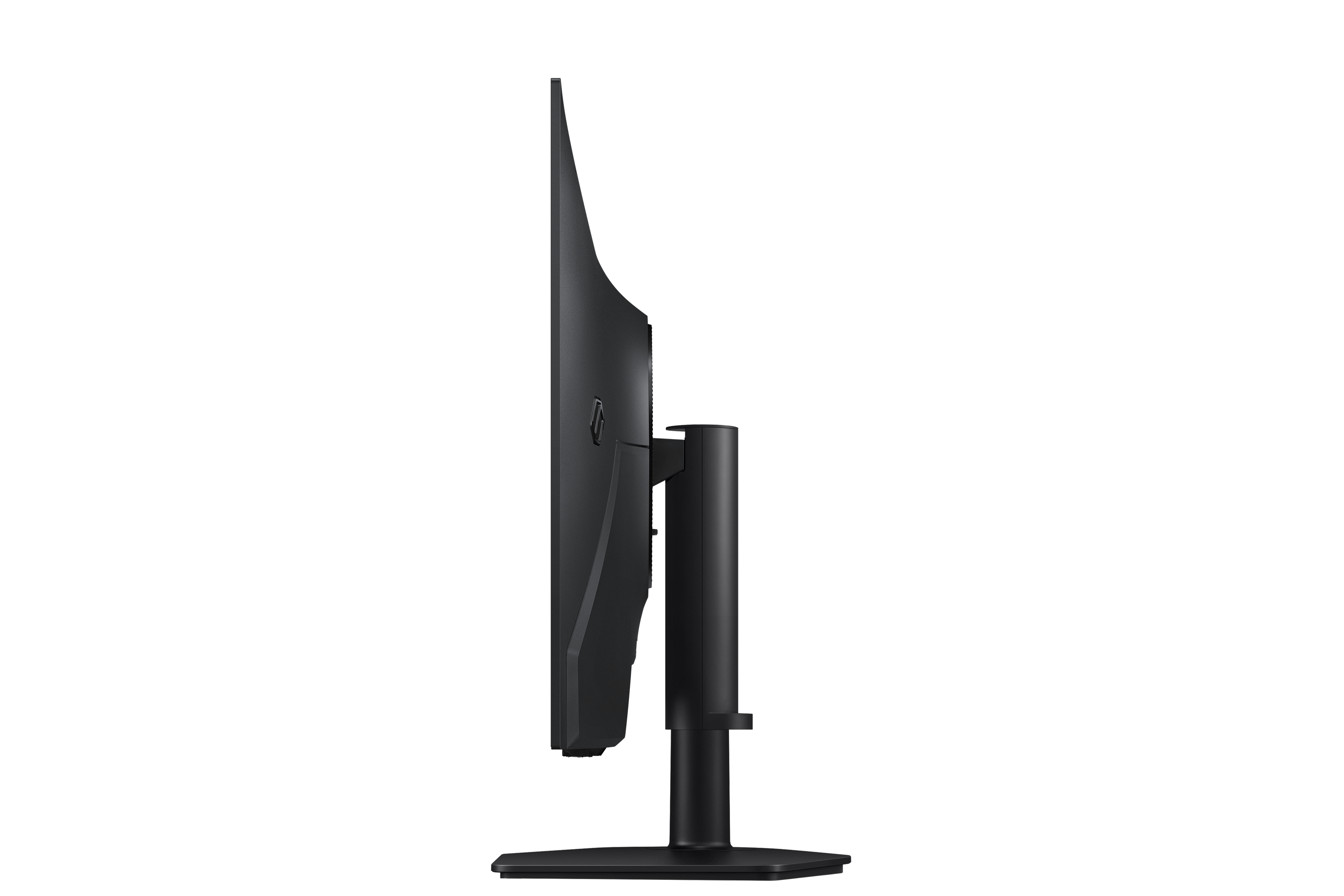 Black monitor with curved screen, side view.