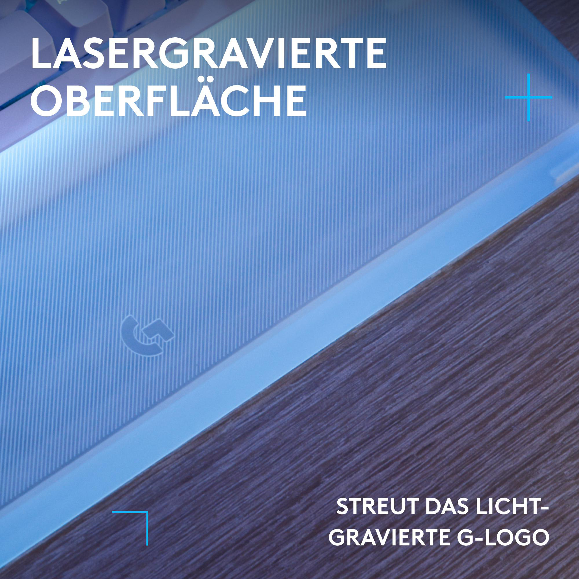 Lasergravierte Oberfläche mit G-Logo, das Licht streut.