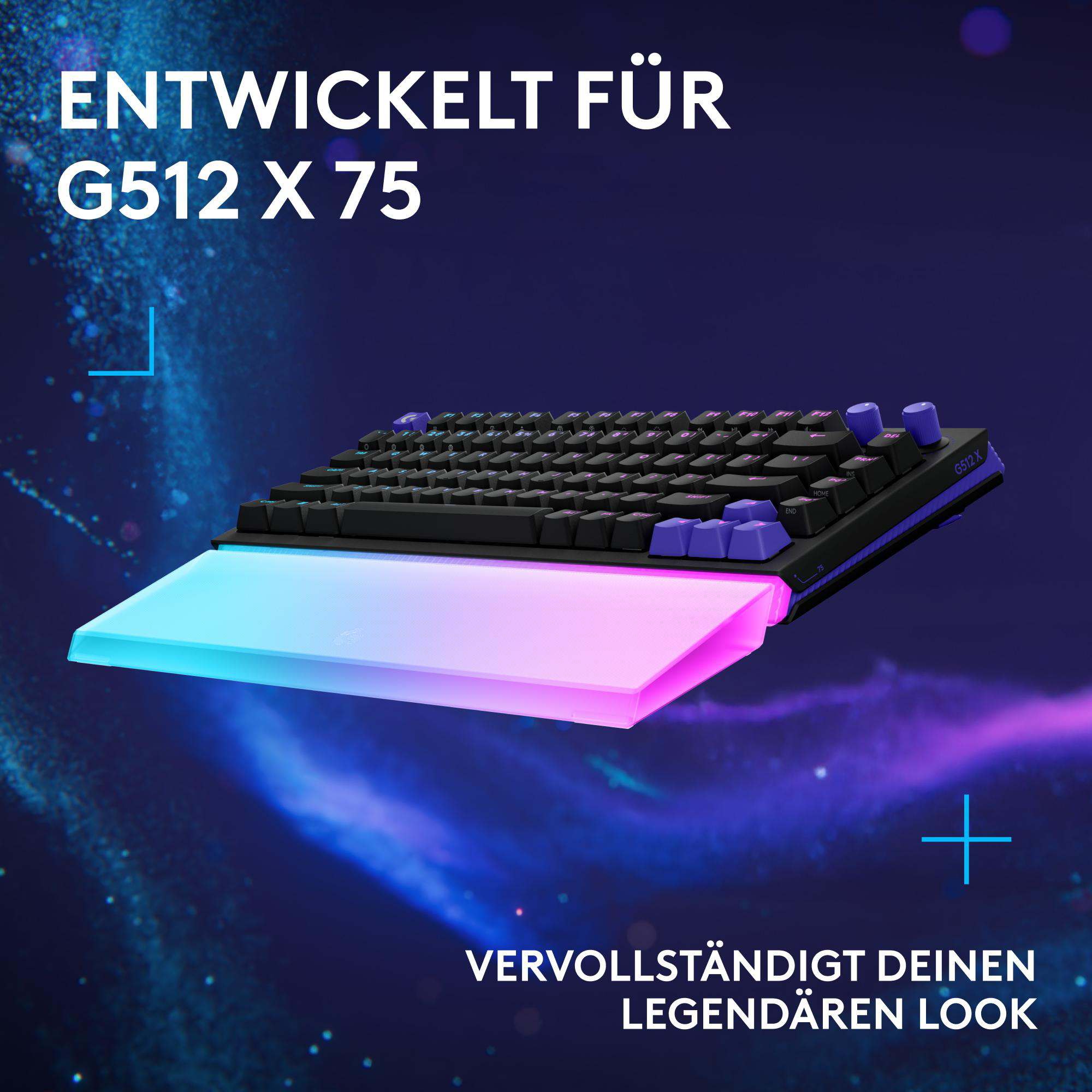 Eine schwarze Tastatur mit blauer und violetter Beleuchtung und Text.
