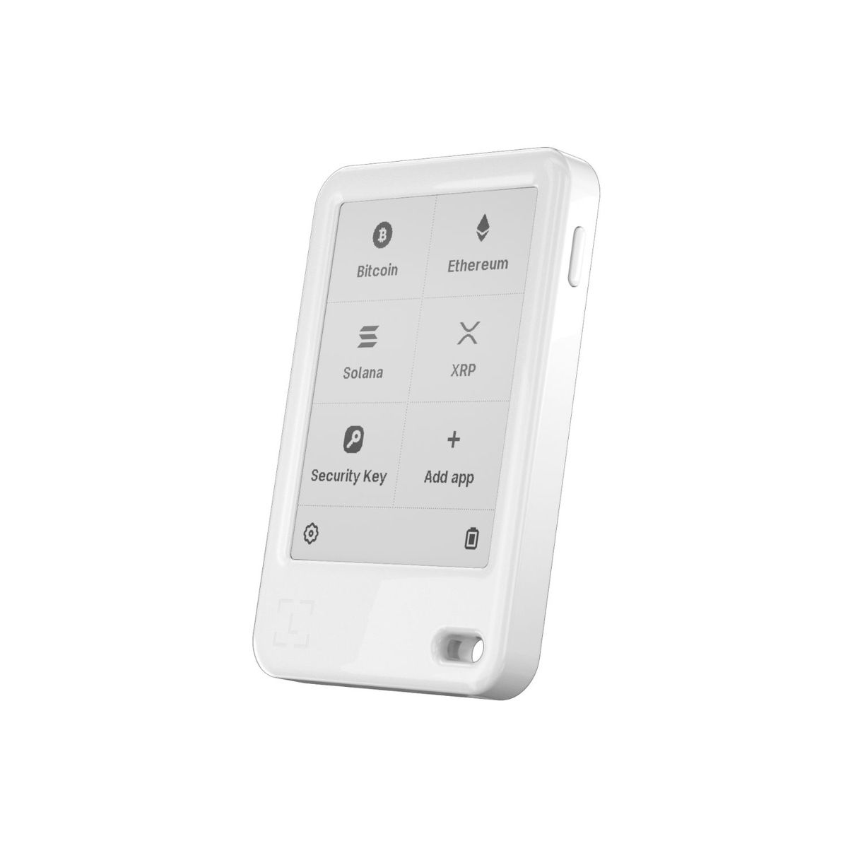 Weiße Krypto-Hardware-Wallet mit Bitcoin, Ethereum, Solana, XRP, Sicherheitsschlüssel, App hinzufügen.