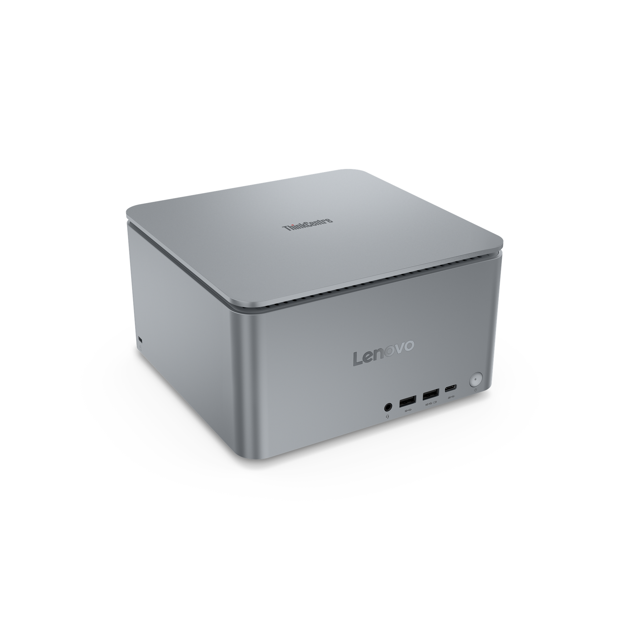 Ein silberner Lenovo ThinkCentre Mini-PC mit Anschlüssen und Netzschalter auf der Vorderseite.