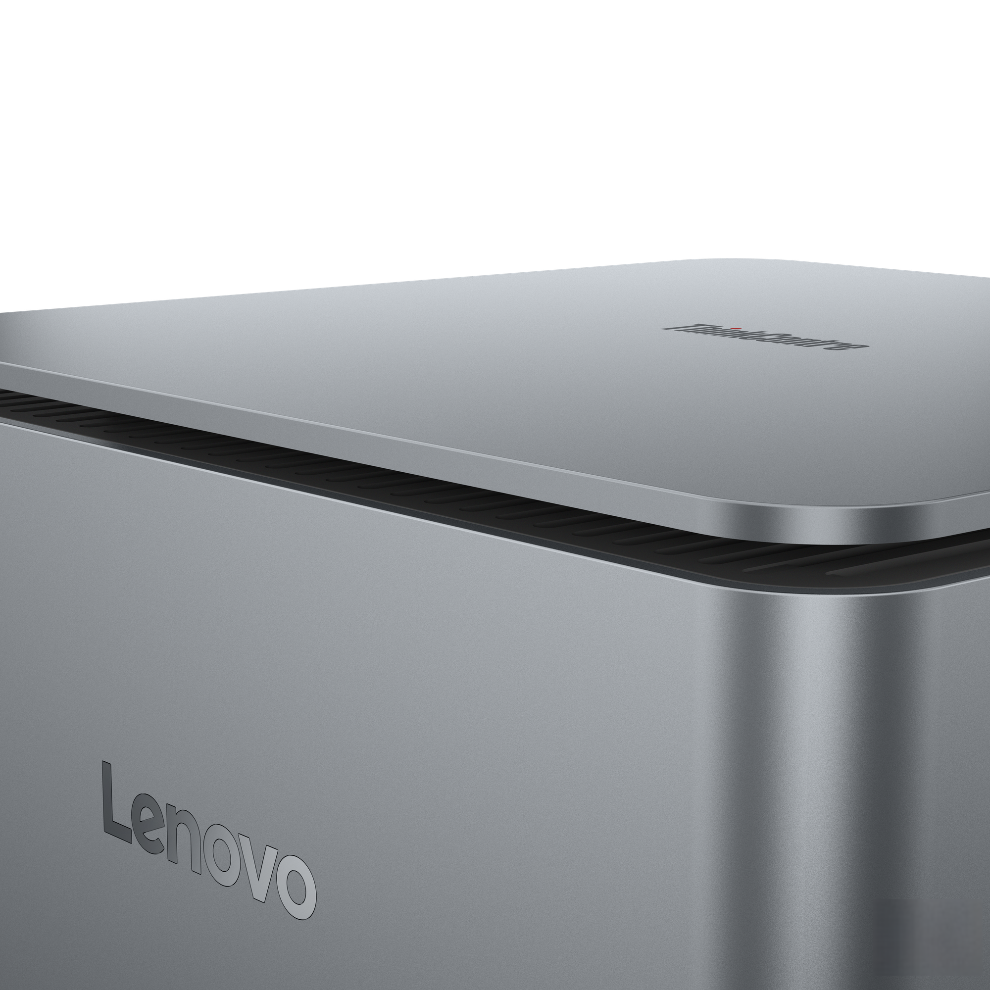 Grauer Lenovo Computer mit Lüftungsschlitzen und rotem ThinkCentre Logo.