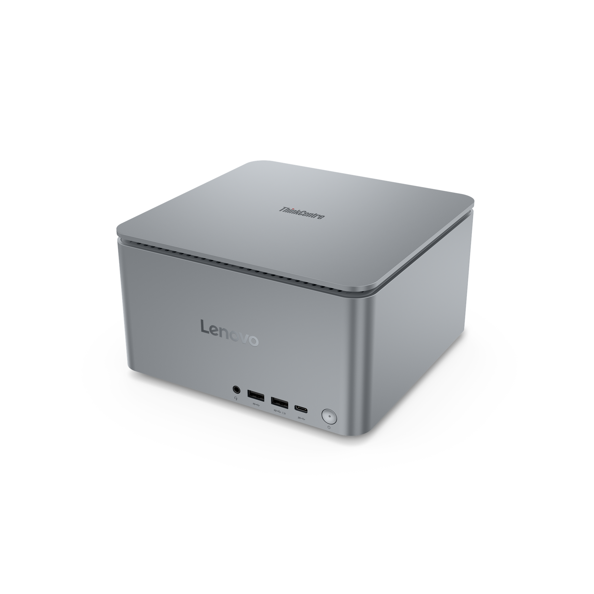 Ein silberner Lenovo ThinkCentre Computer mit Anschlüssen an der Vorderseite.
