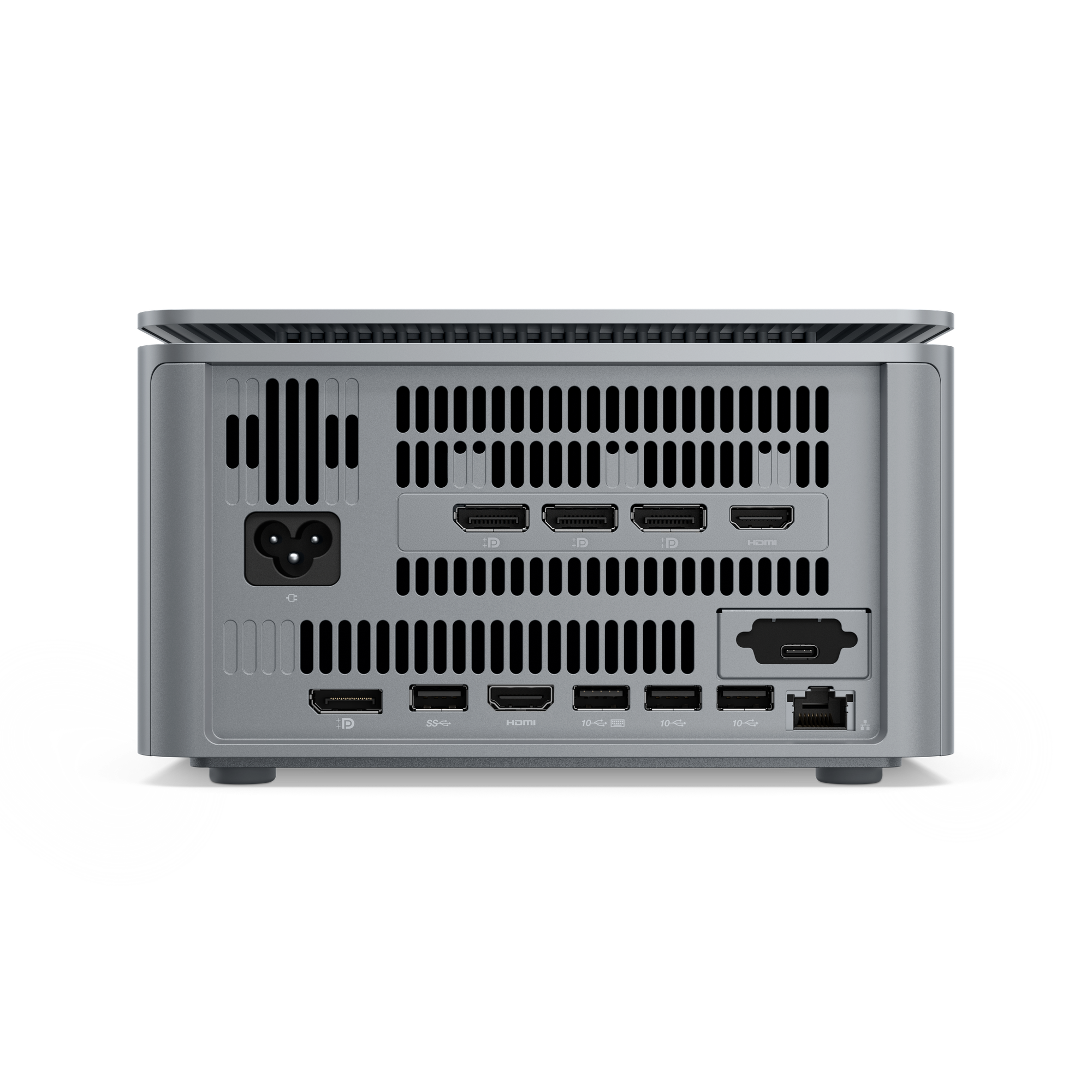 Rückansicht eines silbernen Mini-PCs mit mehreren Anschlüssen: Strom, HDMI, USB und Ethernet.