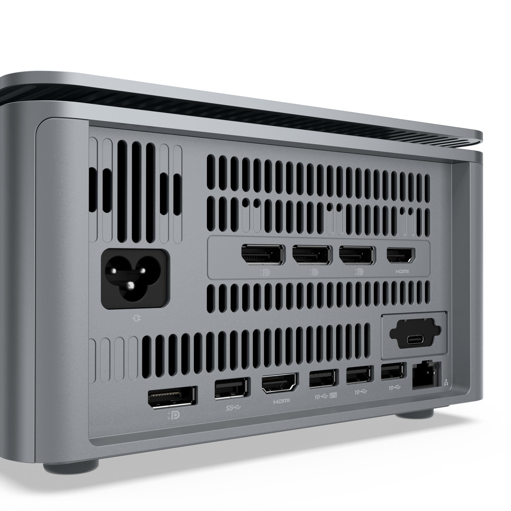 Rückansicht eines silbernen Computerturms mit Anschlüssen: Strom, HDMI, USB-C, Ethernet und USB-A.