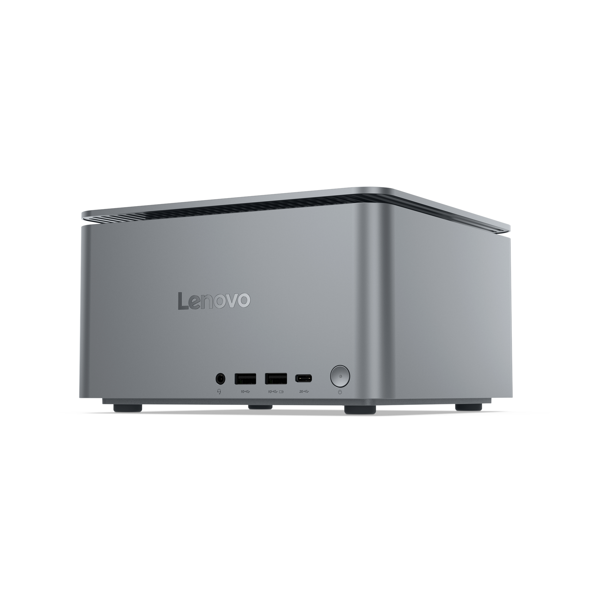 Ein silberner Lenovo Mini-PC mit Anschlüssen und Ein-/Ausschalter.