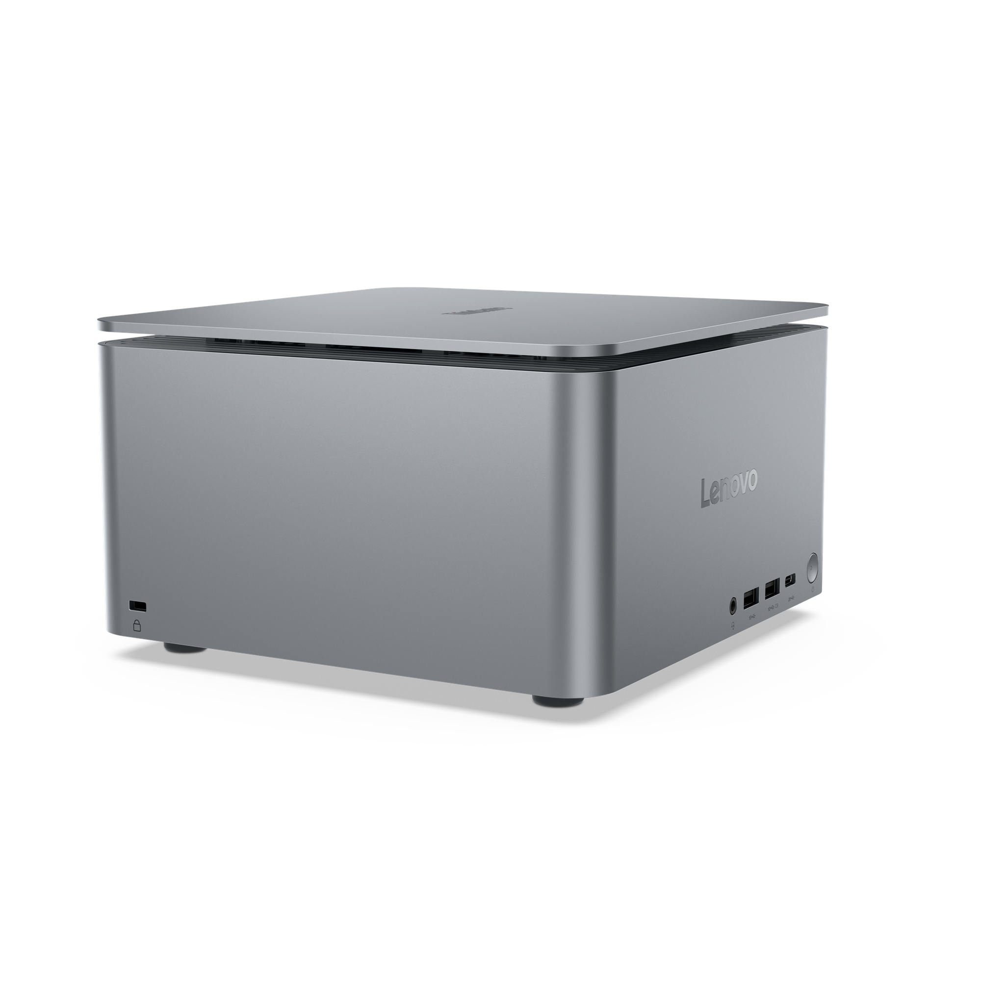 Ein silberner Lenovo Mini-PC mit Anschlüssen und einem Schloss-Symbol auf schwarzem Hintergrund.