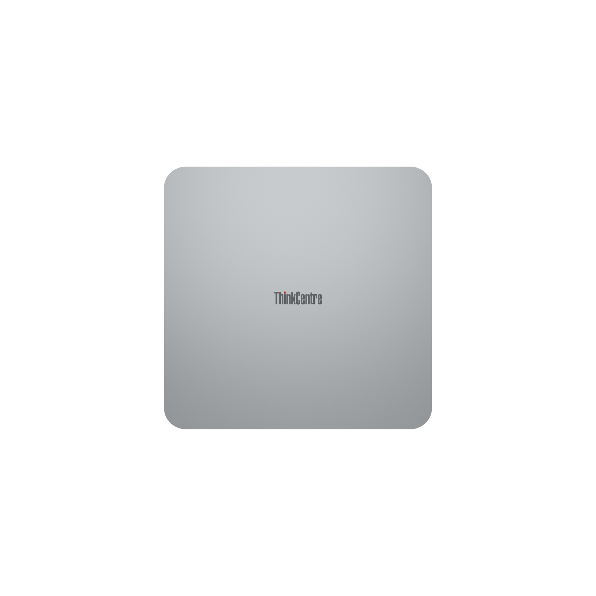 Ein grauer Lenovo ThinkCentre Mini-PC mit abgerundeten Ecken.