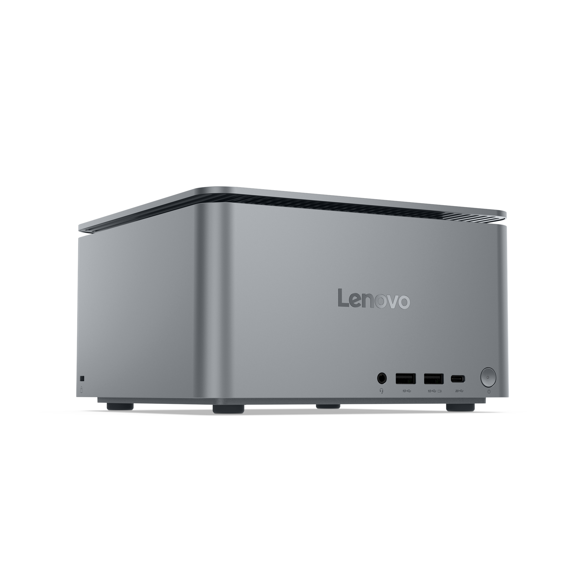 Ein silberner Lenovo Mini-PC mit Anschlüssen und Power-Knopf.
