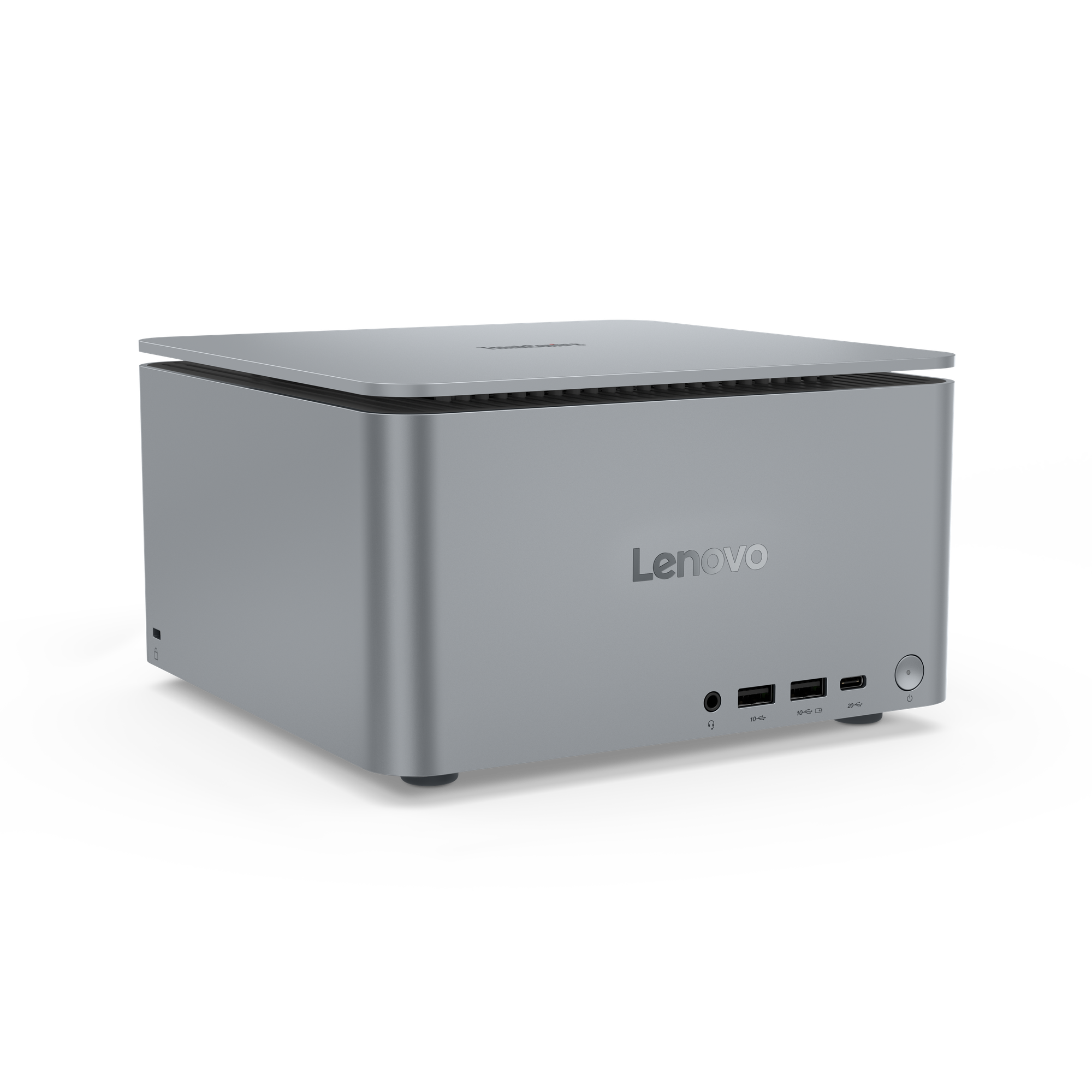 Ein silberner Lenovo Mini-PC mit Anschlüssen auf der Vorderseite.