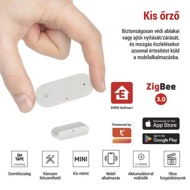 Egy fehér ajtó/ablakérzékelő piros LED-del a kézben. ZigBee 3.0 logó.