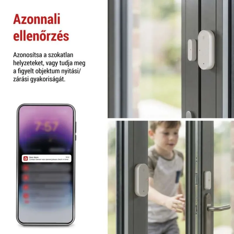 Fehér ajtóérzékelő app értesítéssel és egy gyerekkel