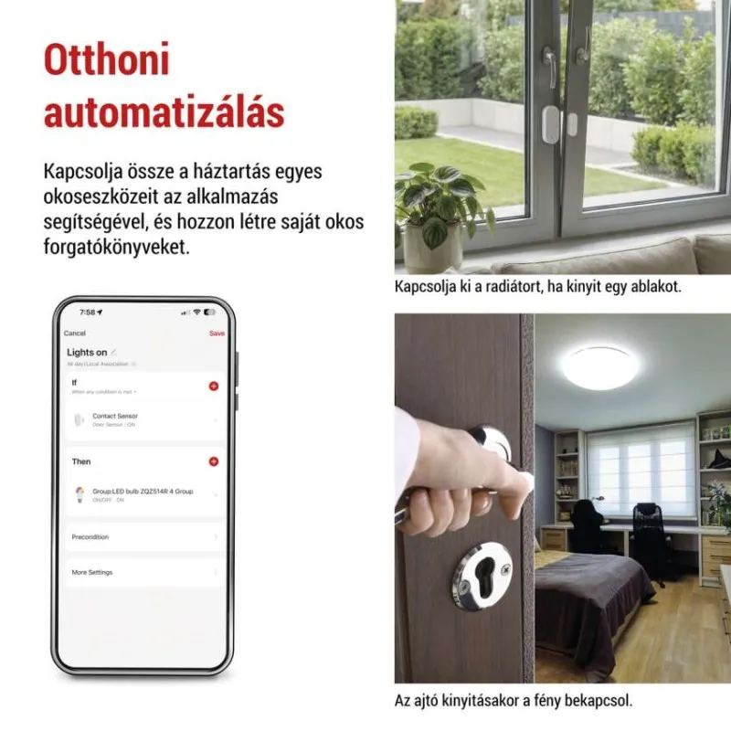 Applikáció felület, ablak kerttel, nyitott ajtajú hálószoba.