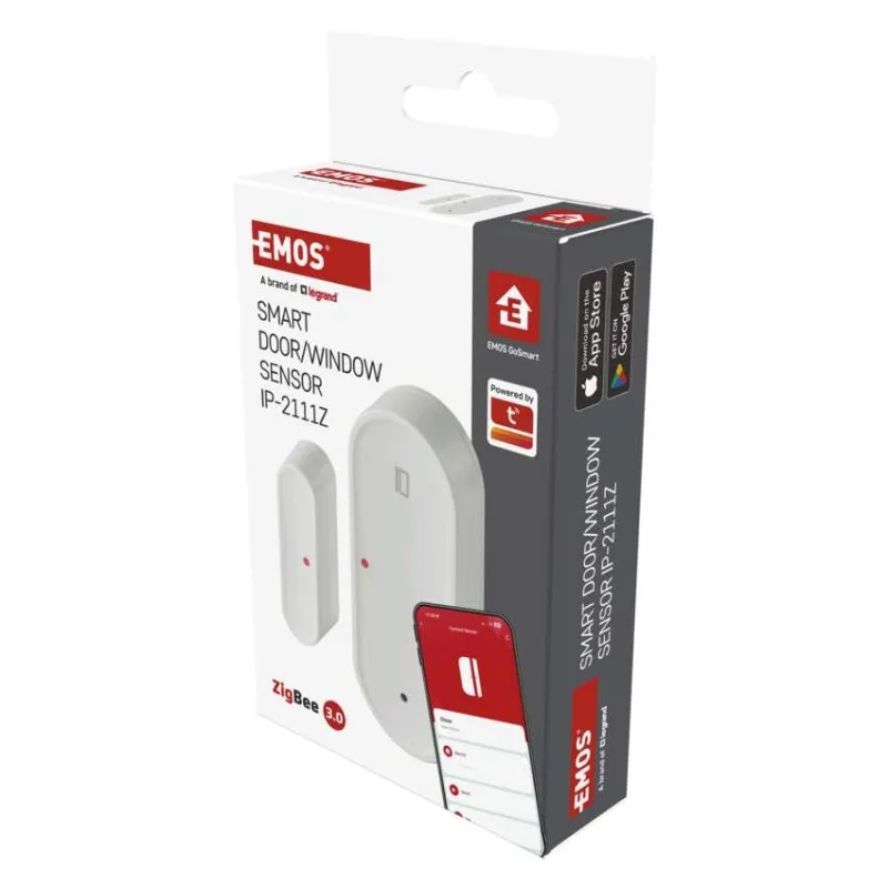 Fehér EMOS Smart ajtó-/ablakérzékelő csomagolása ZigBee 3.0-val.