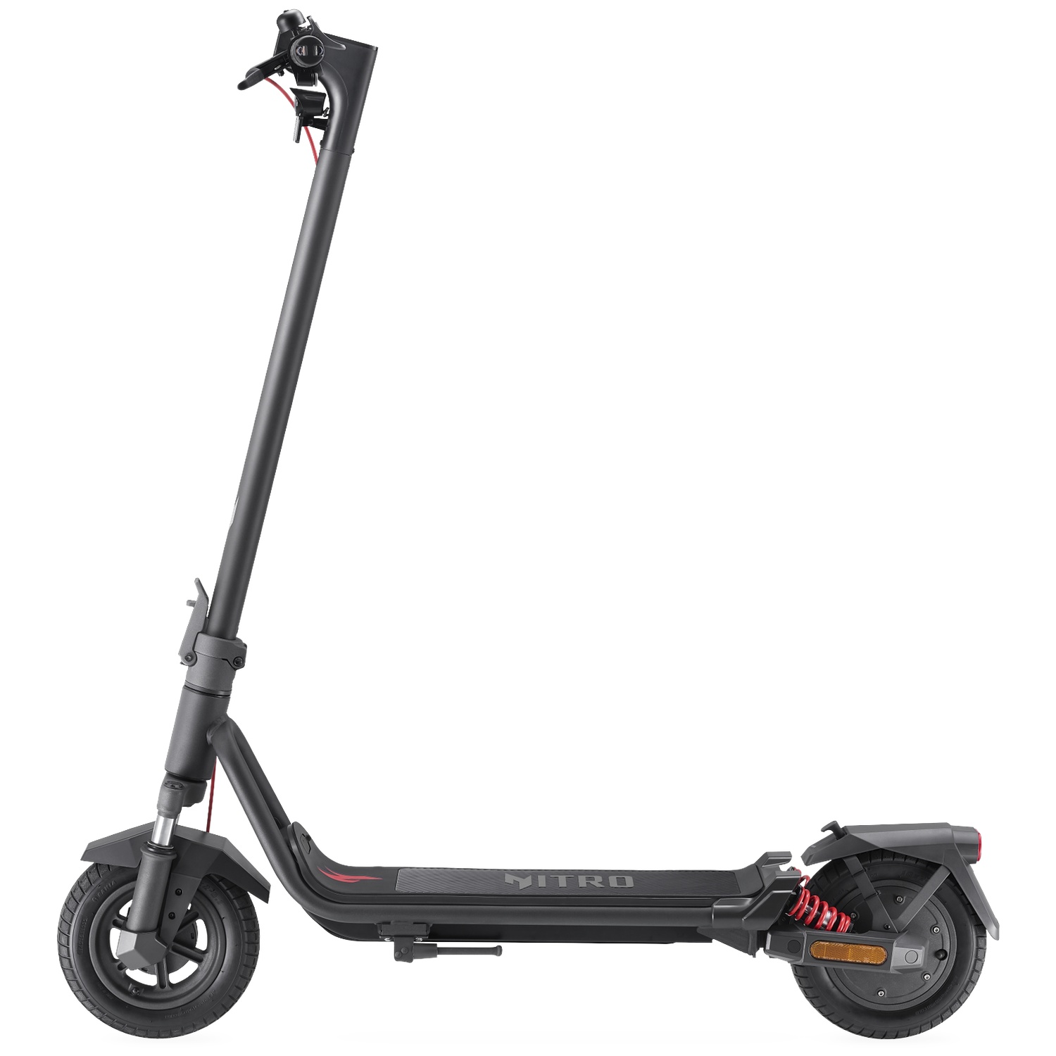A black electric scooter with red accents, side view.