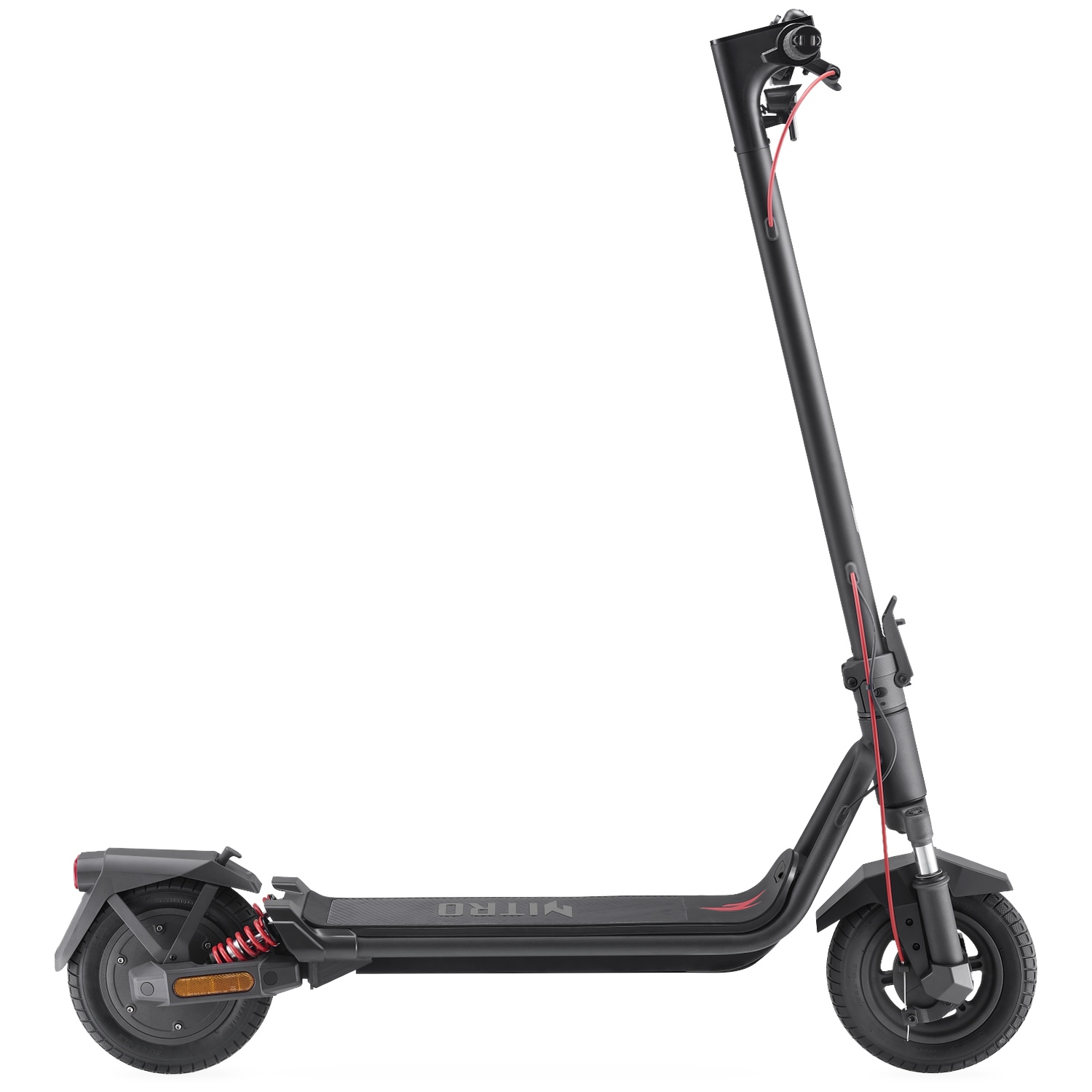 A black electric scooter with red accents stands against a white background.