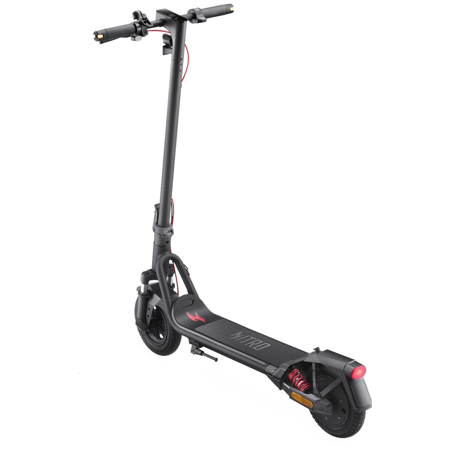 A black electric scooter with red accents is shown against a white background.