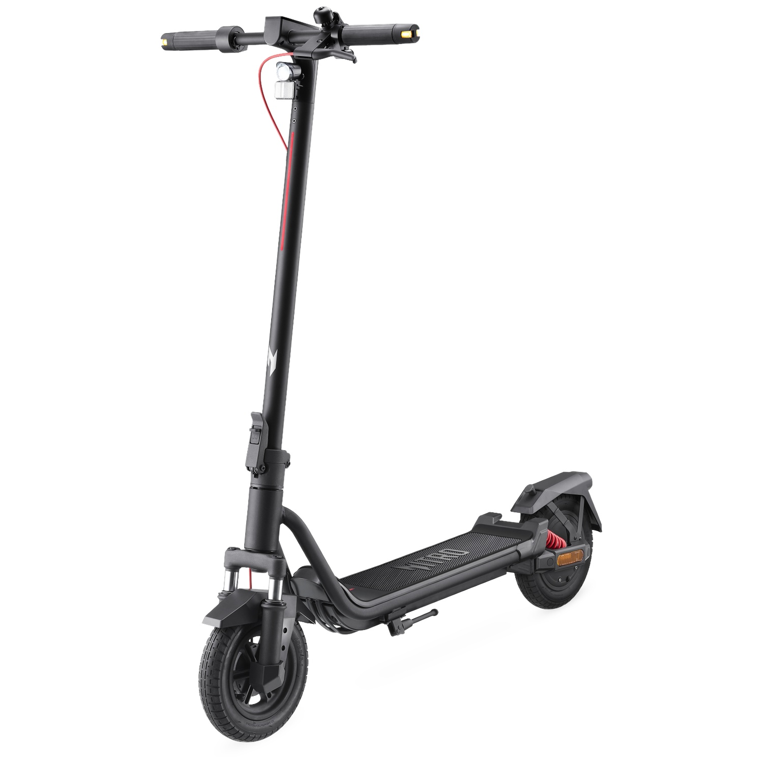 A black electric scooter with red accents on a white background.
