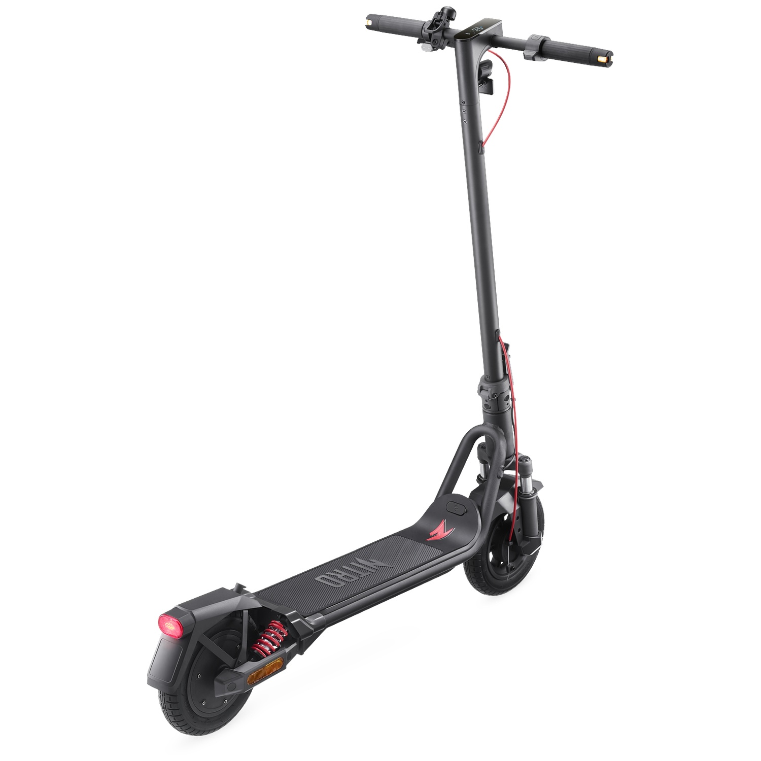 A black electric scooter with red accents, shown from a slightly elevated angle.