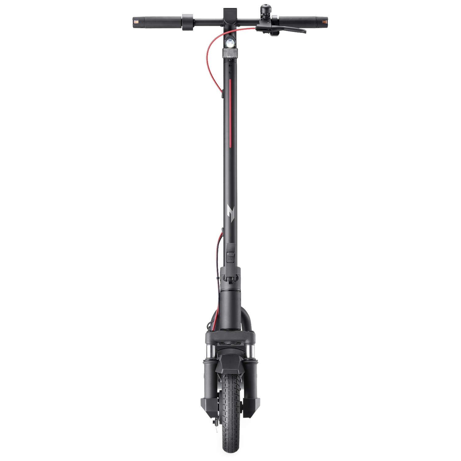 Black electric scooter with red accent line, white background.