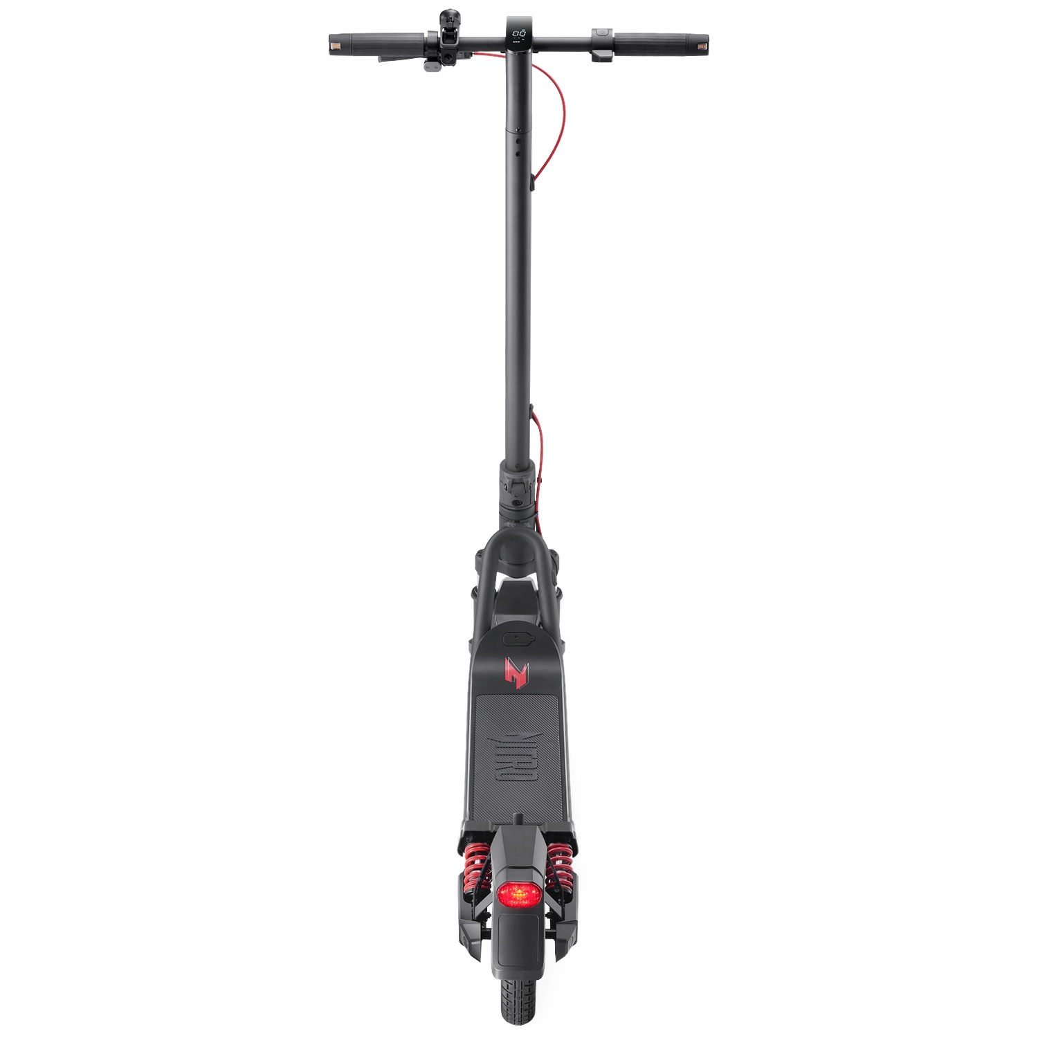 A black electric scooter with red suspension and taillight.