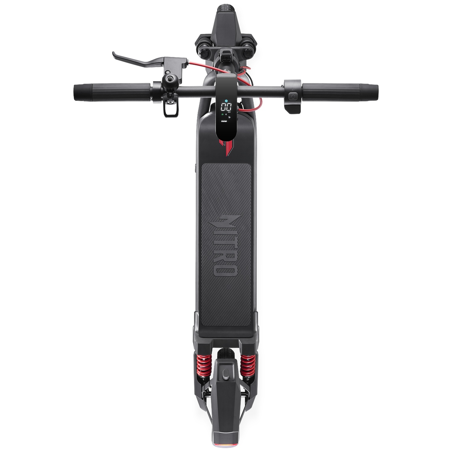 Top view of a black electric scooter with red suspension and display.