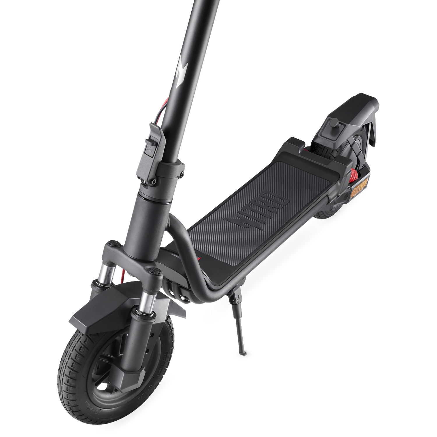Black electric scooter with footboard, handlebar, and front wheel on a white background.