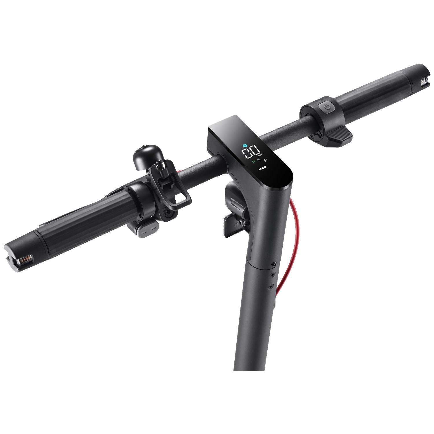 The handlebars of a black electric scooter with a display and bell.