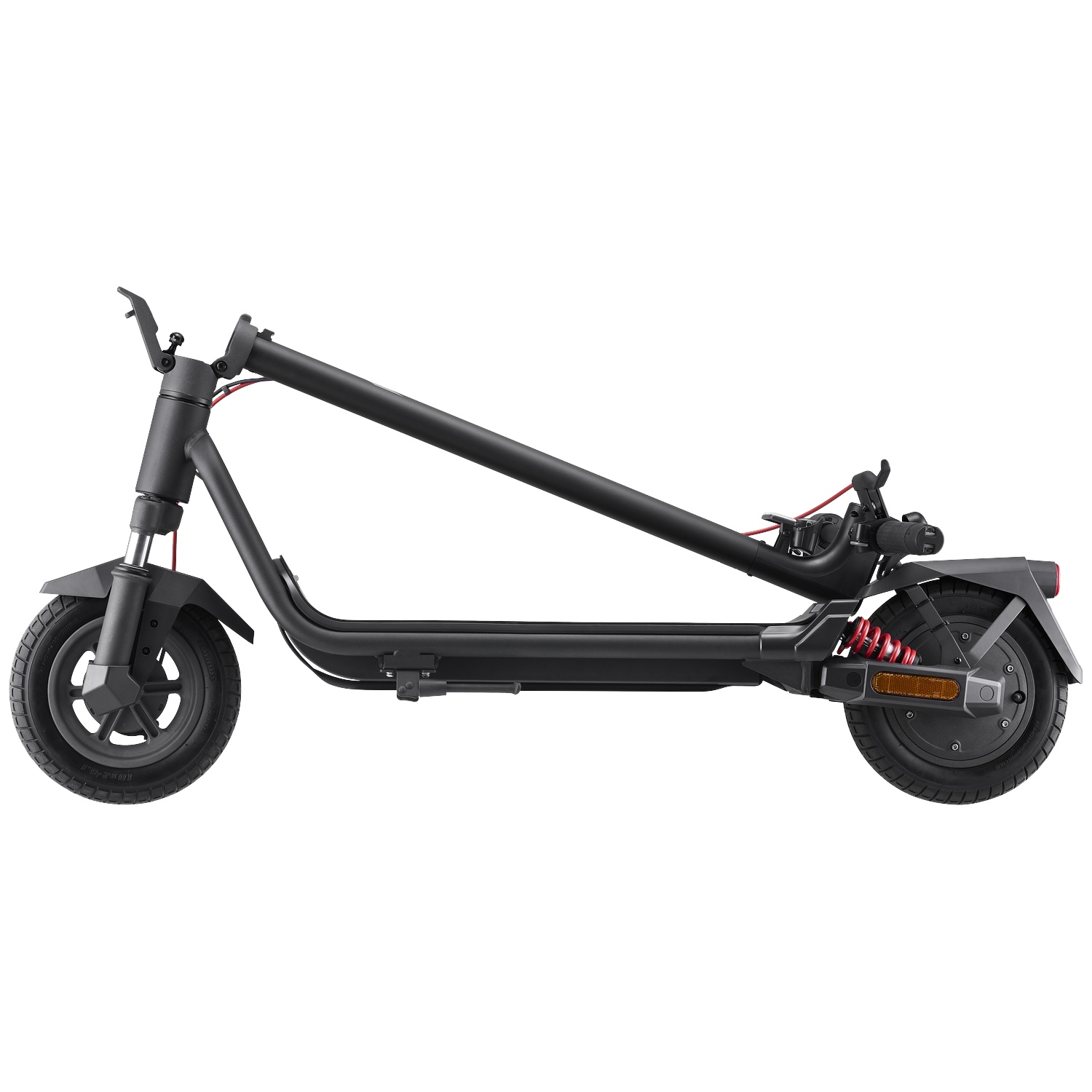A black electric scooter with a suspended rear, on a white background.