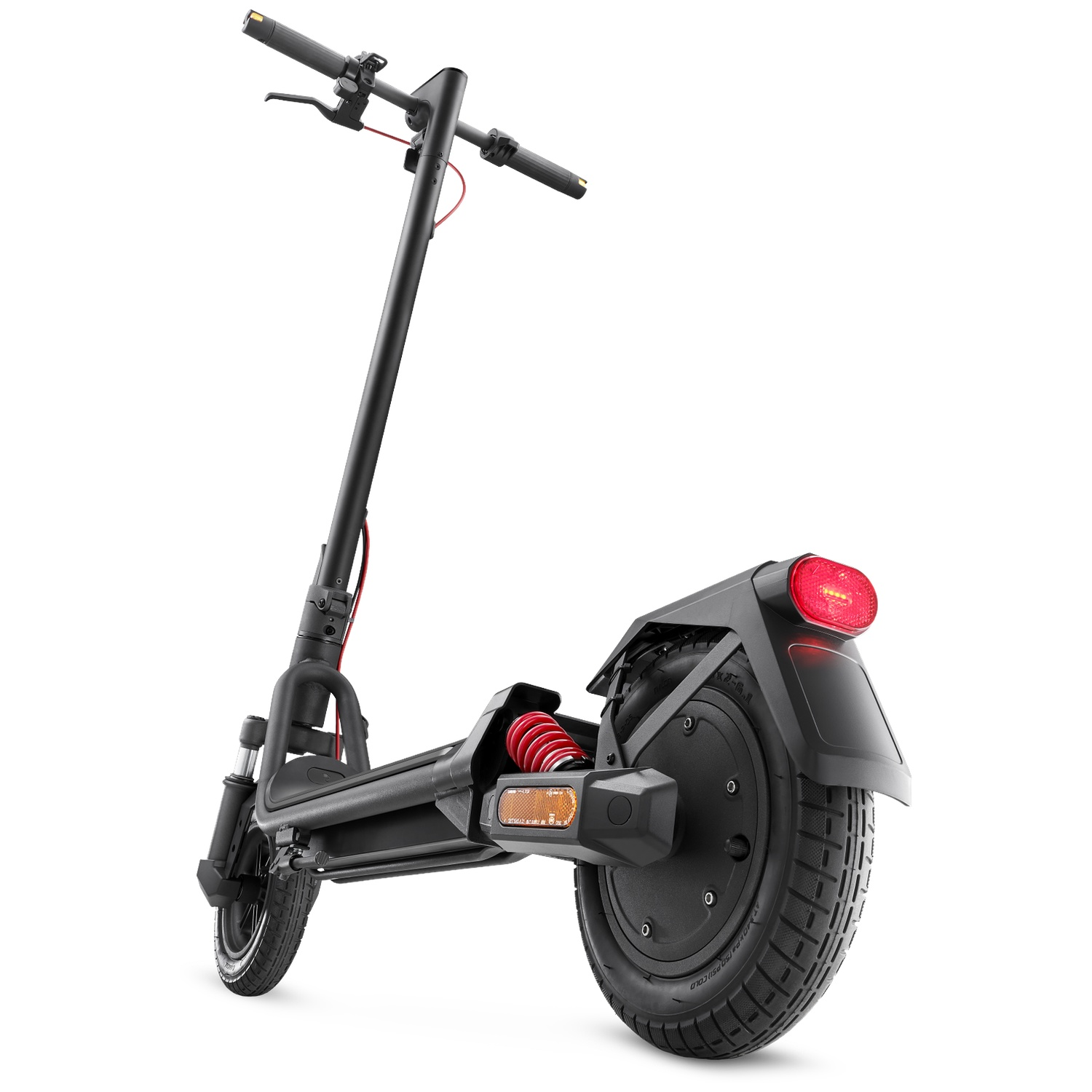 Black electric scooter with suspension and red taillight, viewed from below.