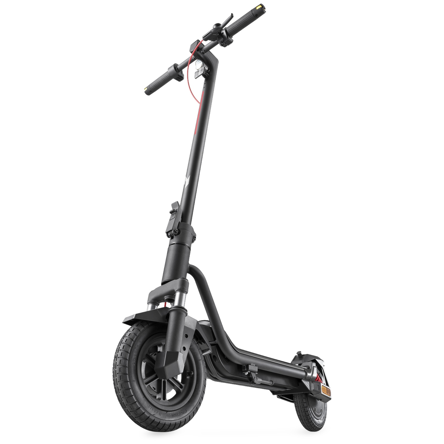 A black electric scooter is shown from a low-angle front view against a white background.