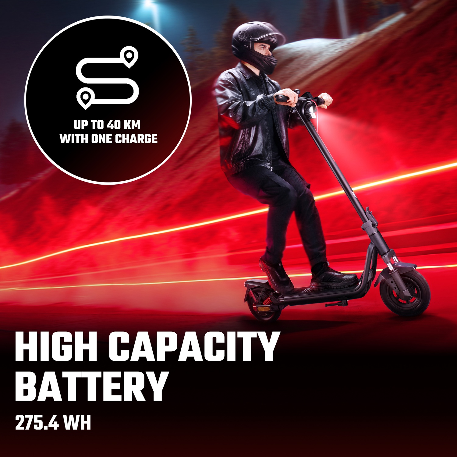 Man rides electric scooter at night, red lights, 40 km range.