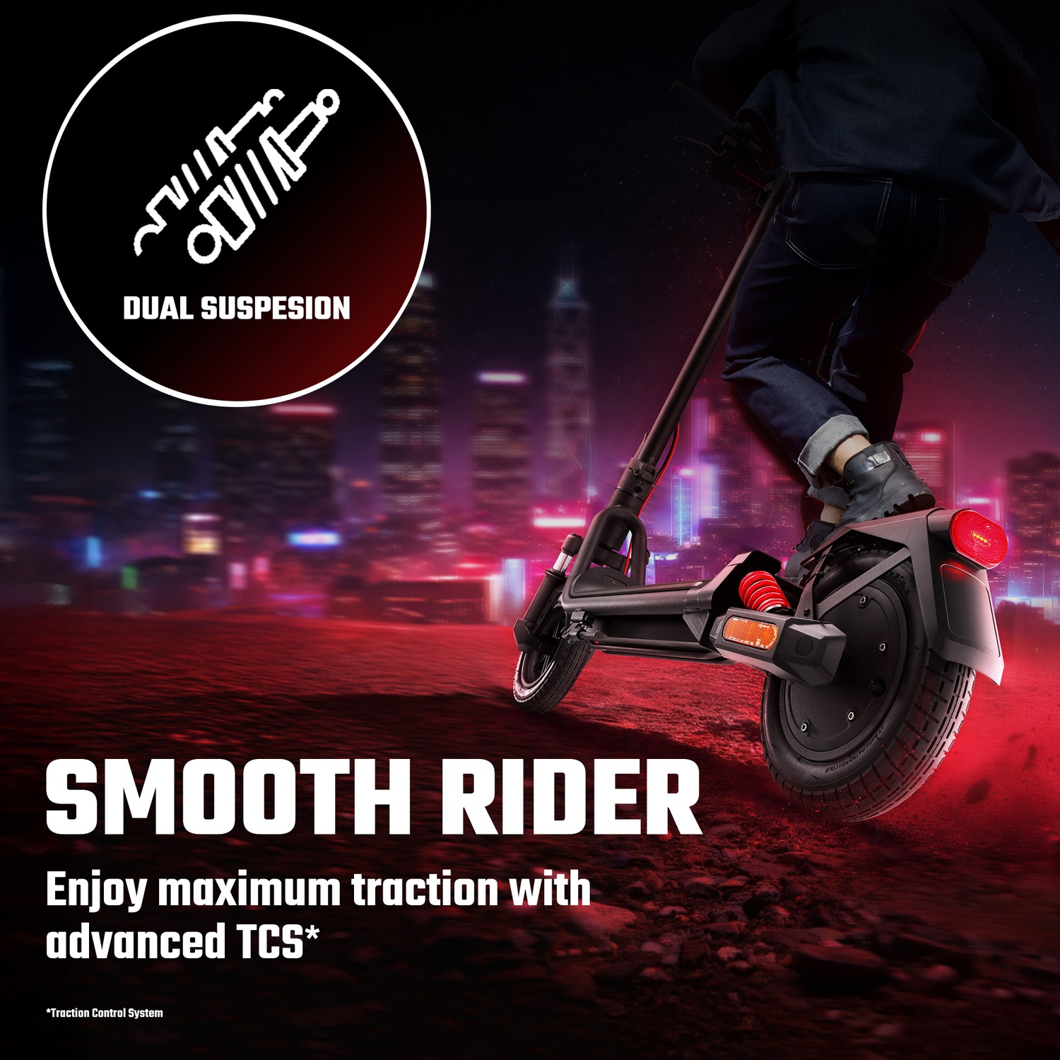 A person rides an electric scooter at night with city lights and a dual suspension icon.
