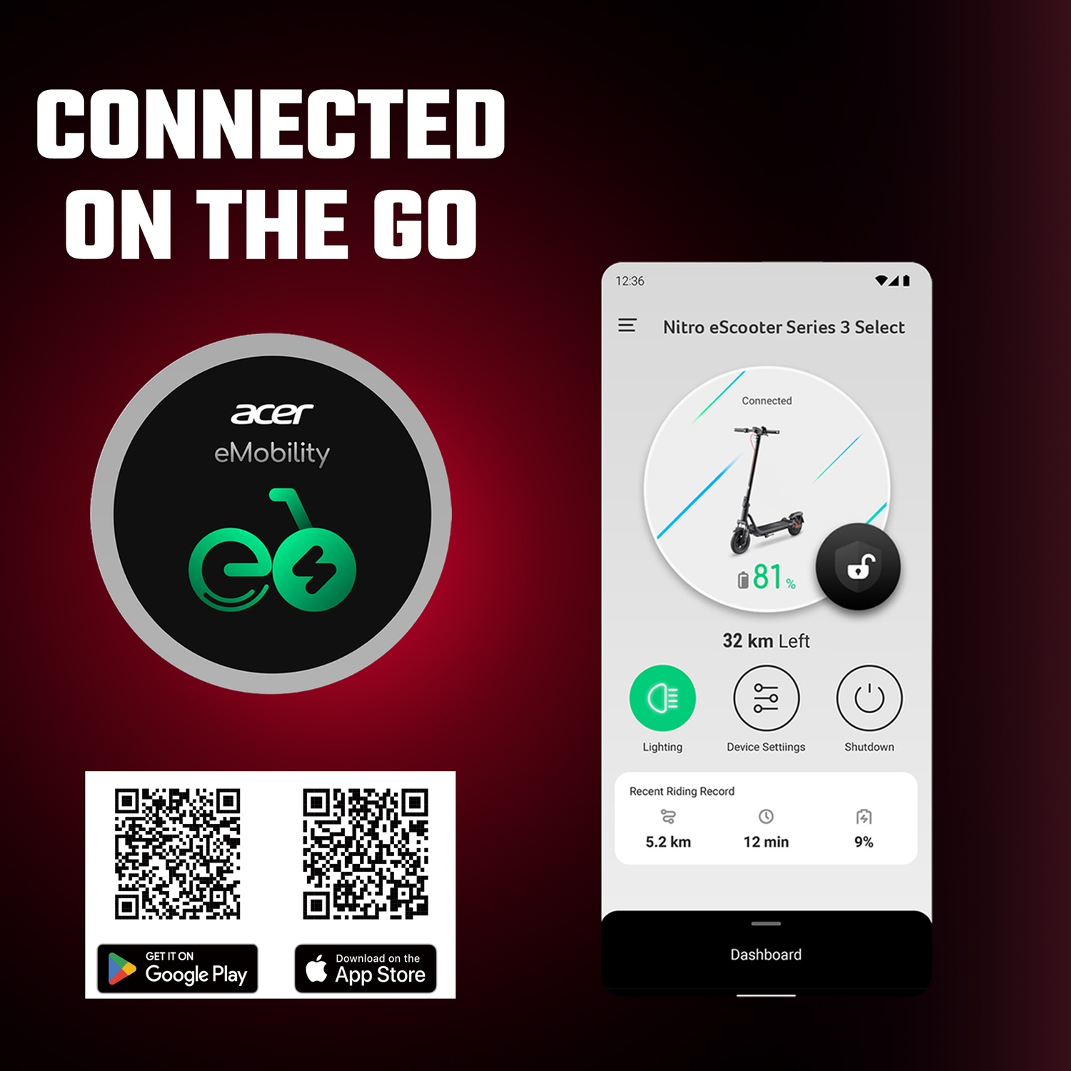Acer eMobility app shows e-scooter with 81% battery, 32 km range.