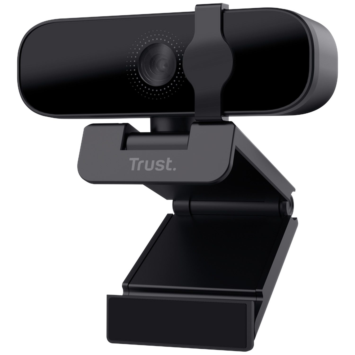 A black Trust webcam with a flexible mount, isolated on white.