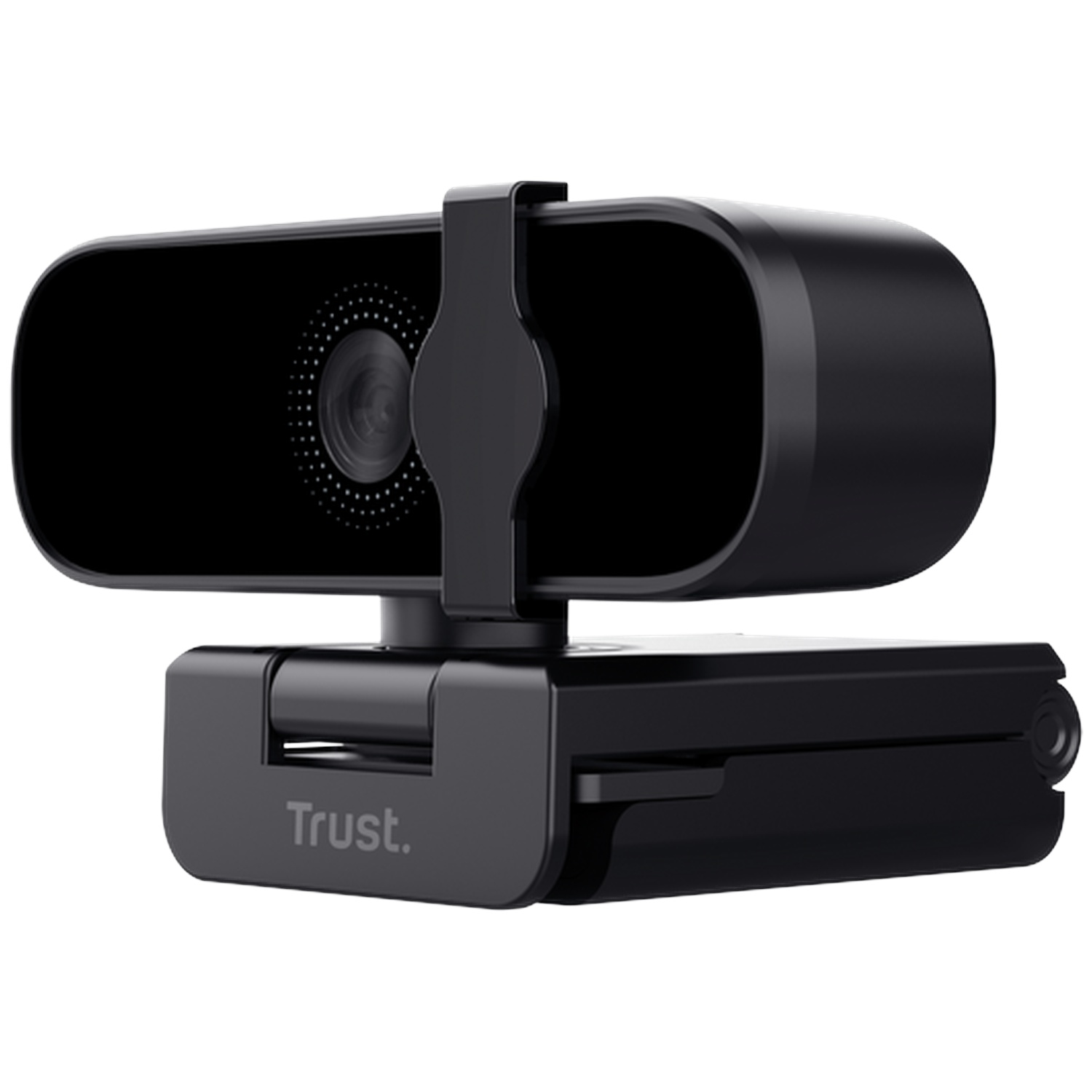 Black Trust webcam with flexible mount and visible lens.