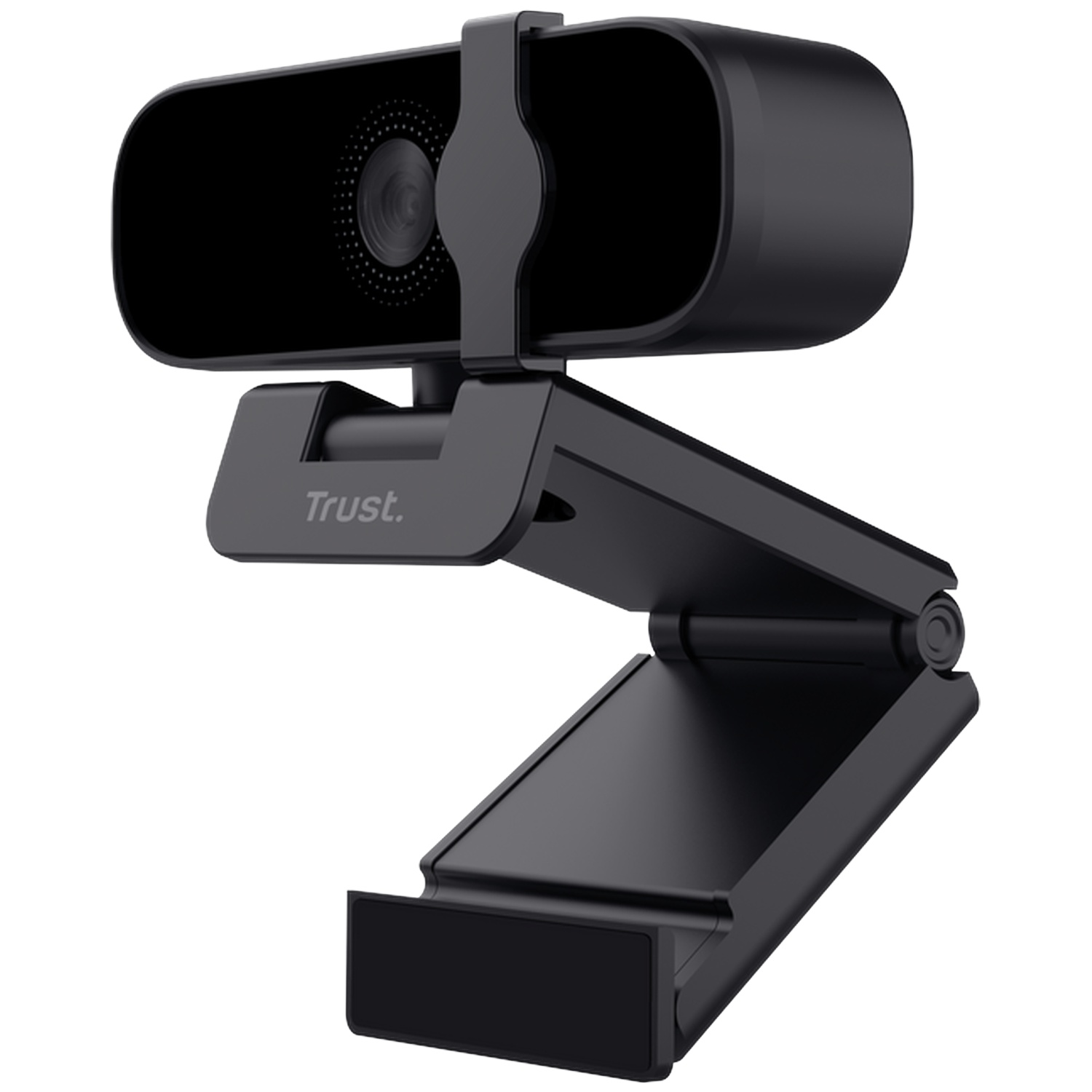 Black webcam with adjustable stand and Trust logo.