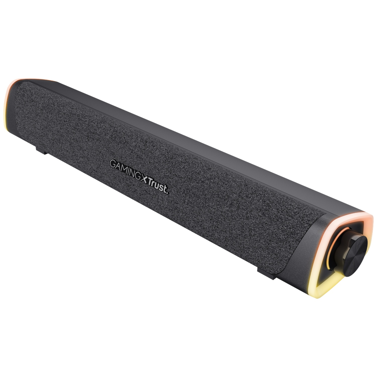 A black gaming speaker with RGB lighting and a volume knob.