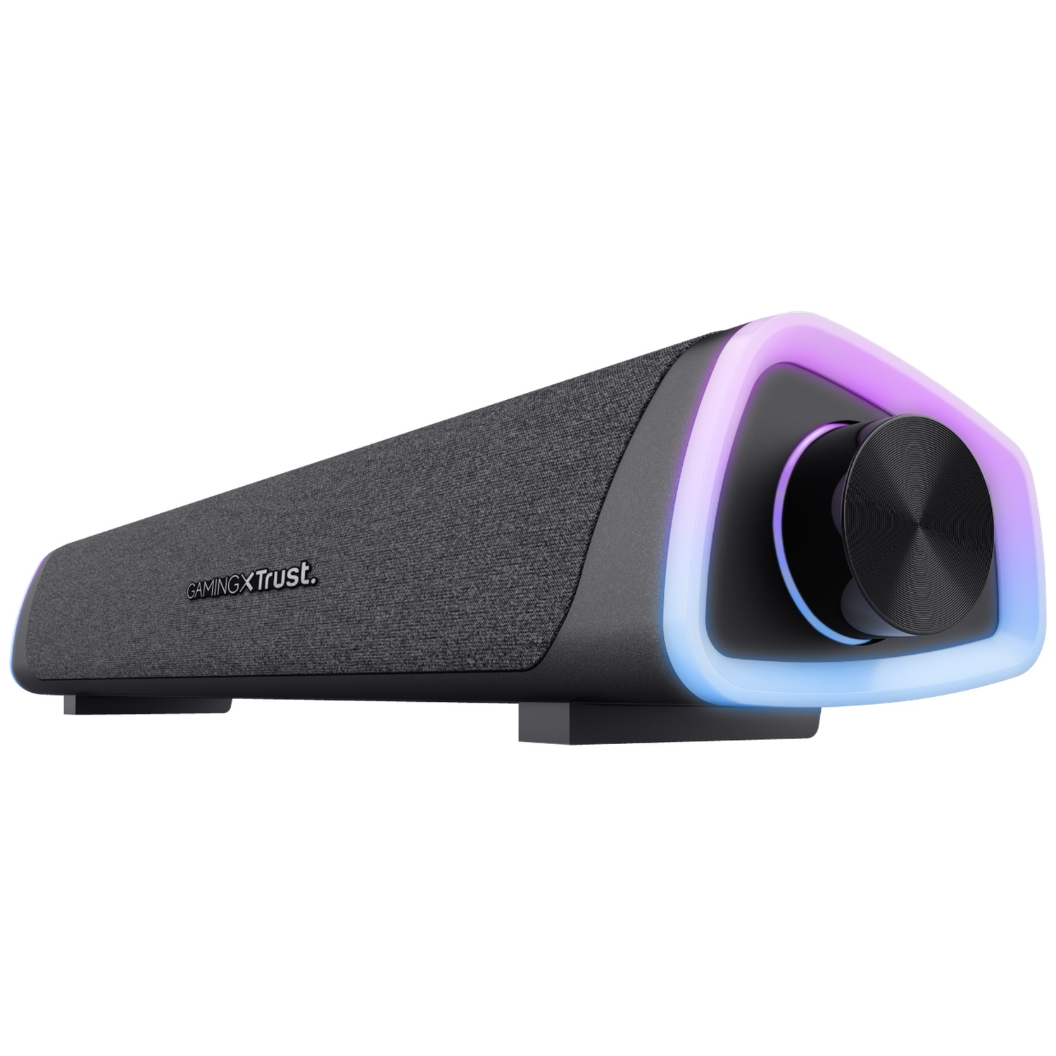 Gray speaker with black dial and RGB lighting.