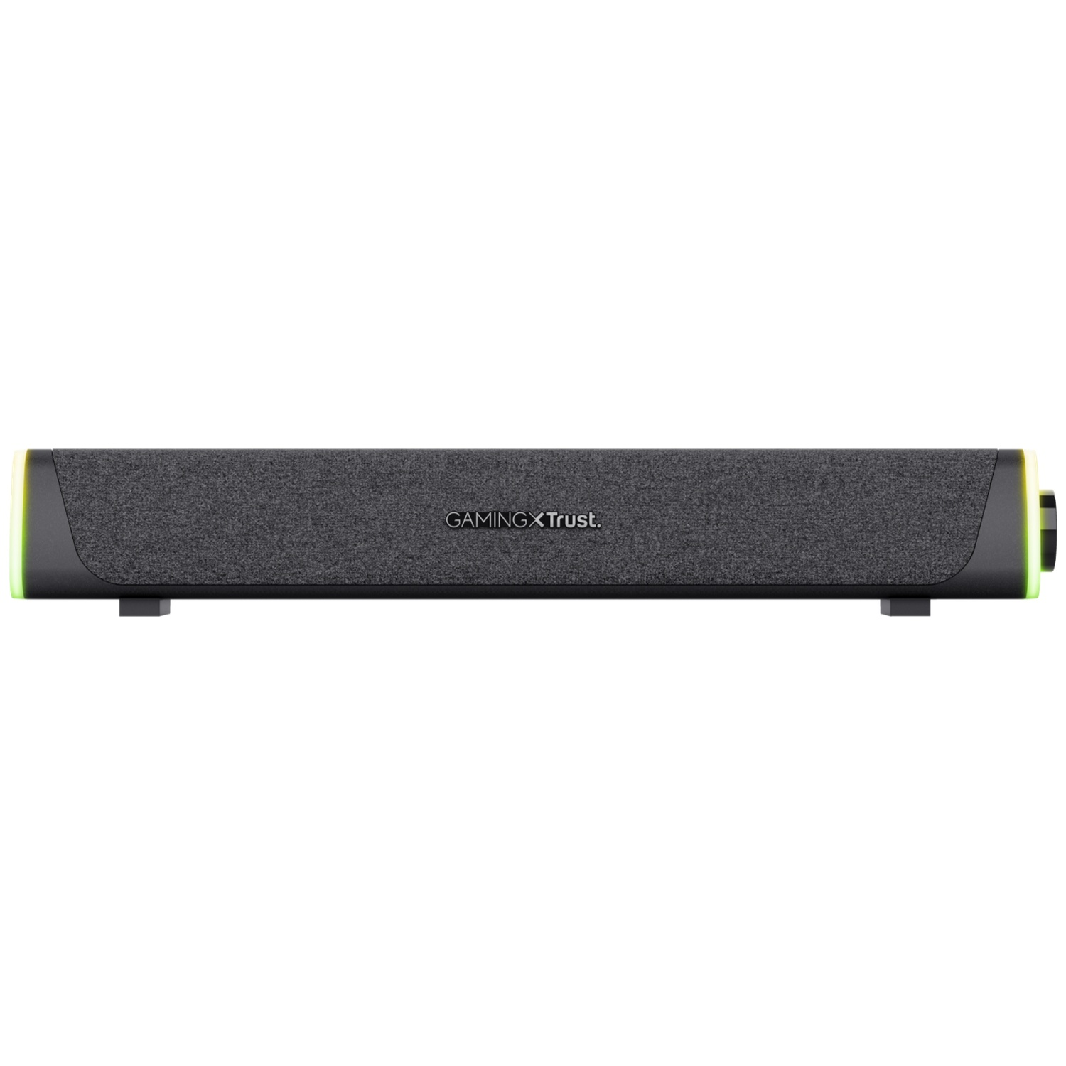 Black gaming speaker with gray fabric front and green lighting accents.