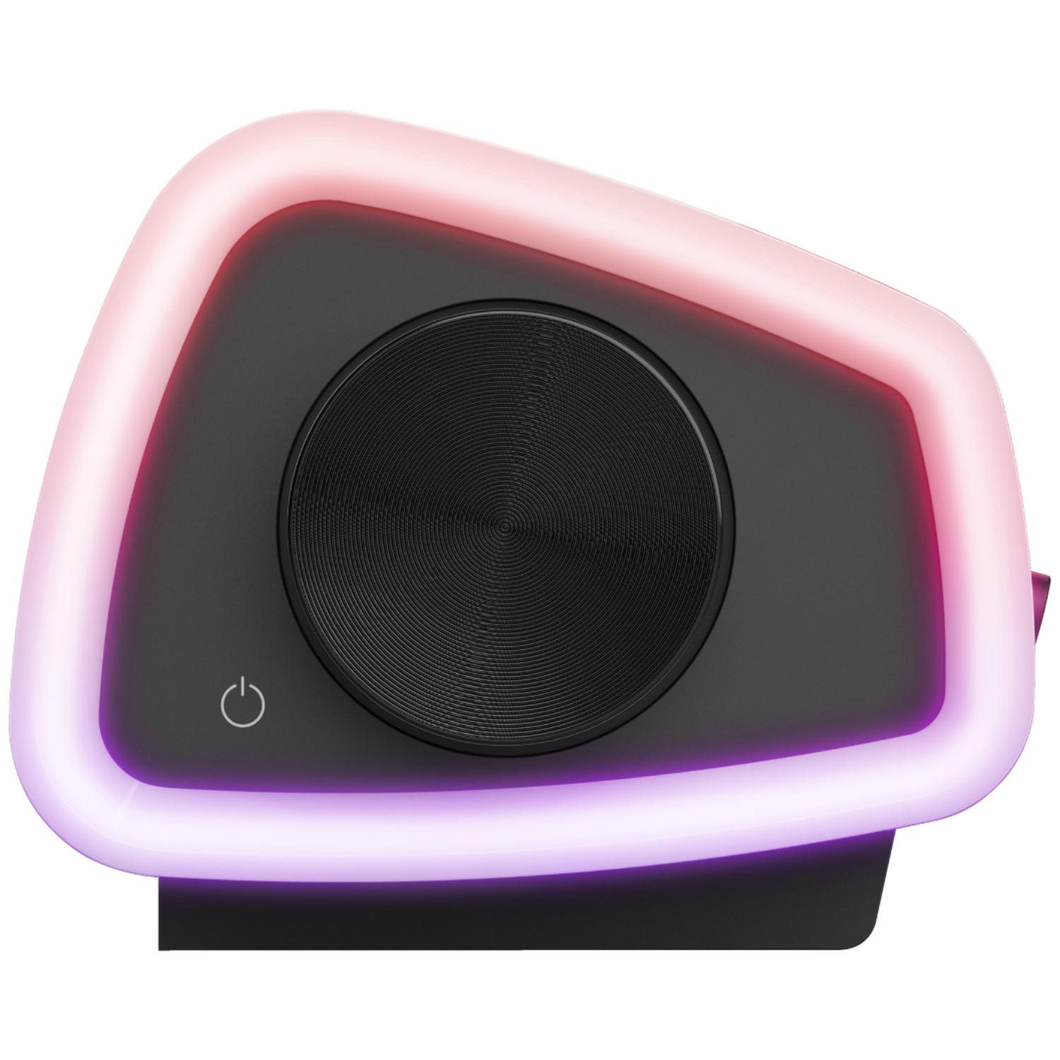 A black speaker with a textured front, a power button, and a pink/purple light ring.